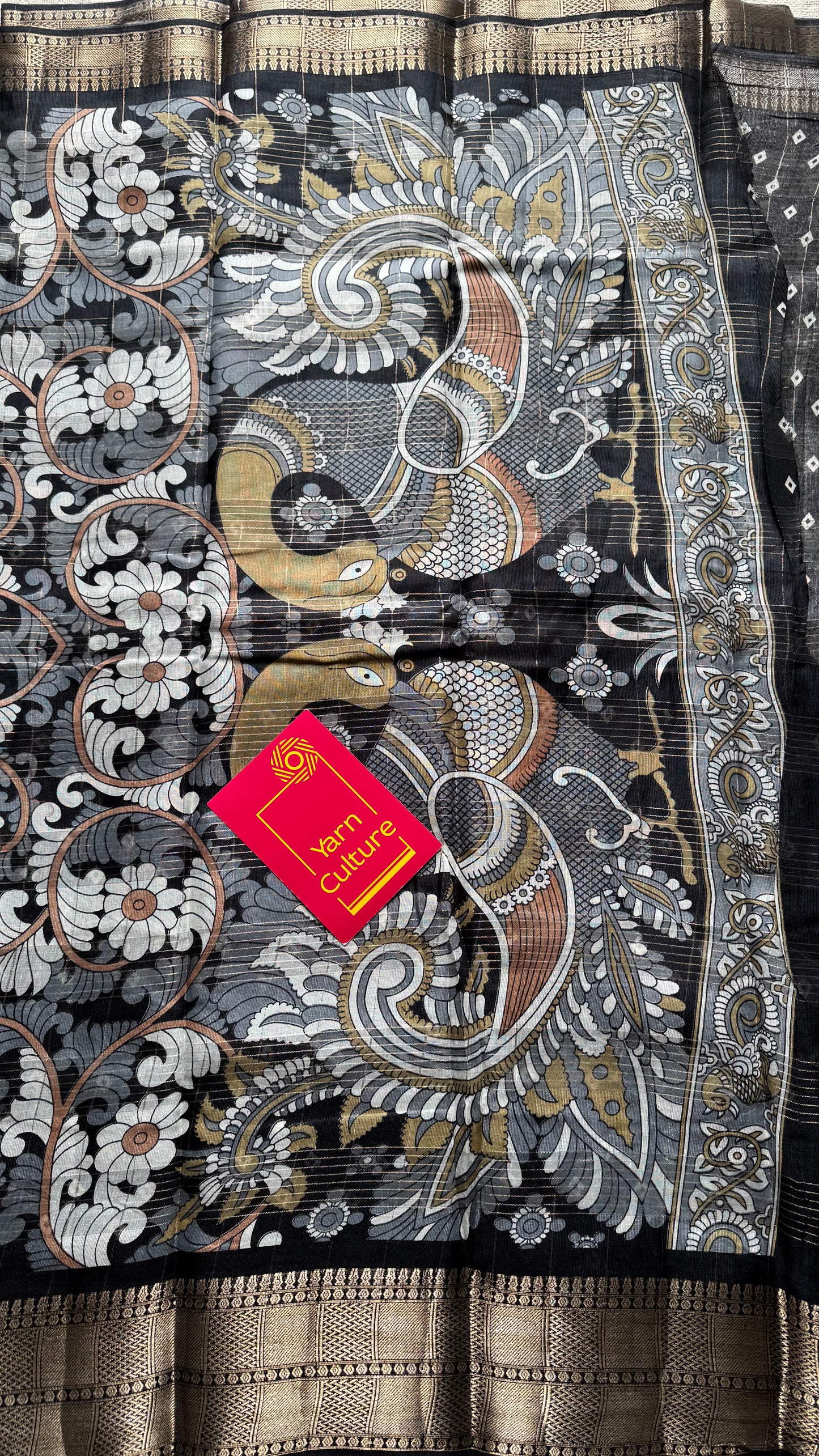 Off white and black, printed kalamkari, semi-tussar - YCWOTDSTK07