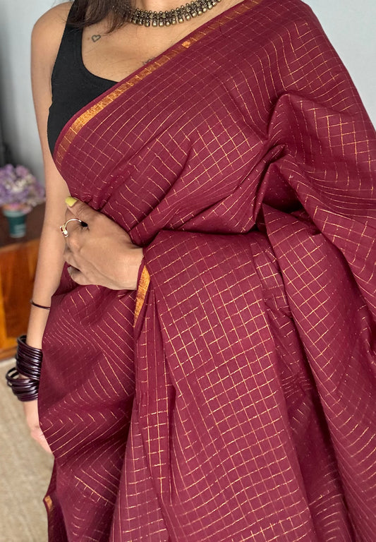 Maroon mini kattam kattuchayam dyed madurai cotton saree - YCCOTNMSFE107