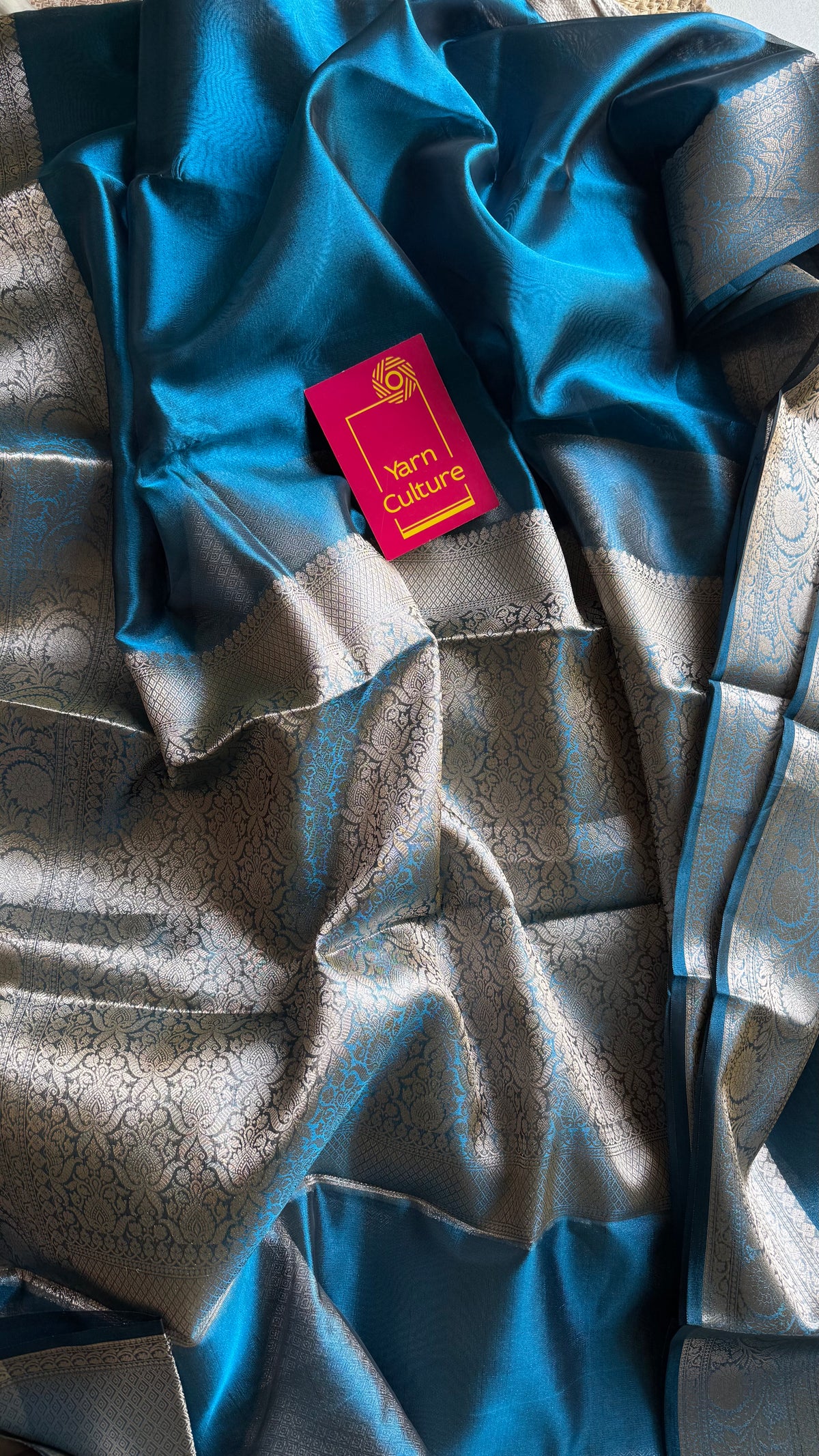 Peacock blue tissue Banarasi saree with zari border - YCBLTOC86