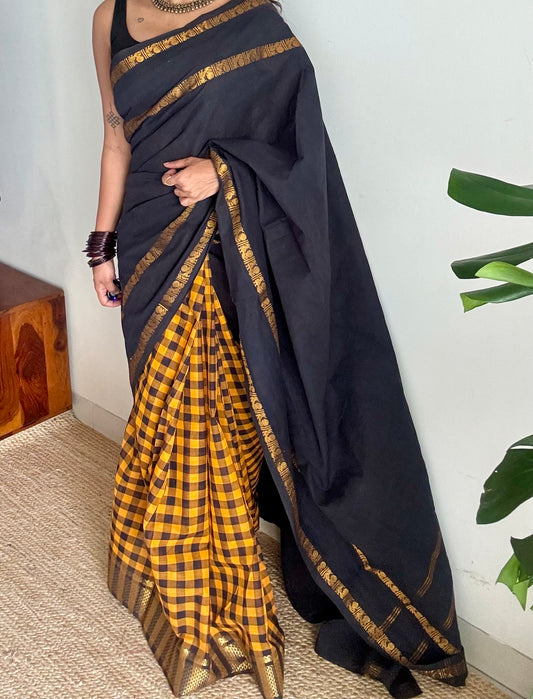 Black with yellow and black checks, sungudi and chettinad cotton half-half saree - YCCOTNIDOC30
