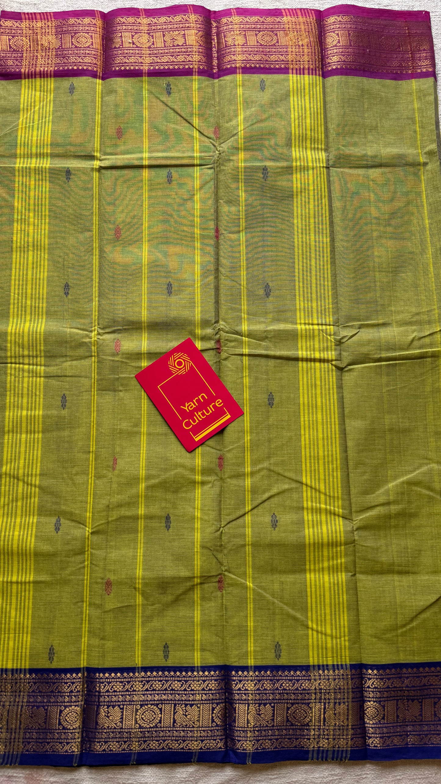 Green with magenta pink and royal blue contrast, kanchi cotton saree - YCCOTNMA326