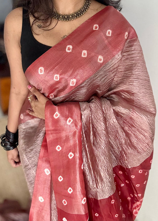 Reddish brown in crushed tissue, with bandhni borders in art silk - YCBLFE21