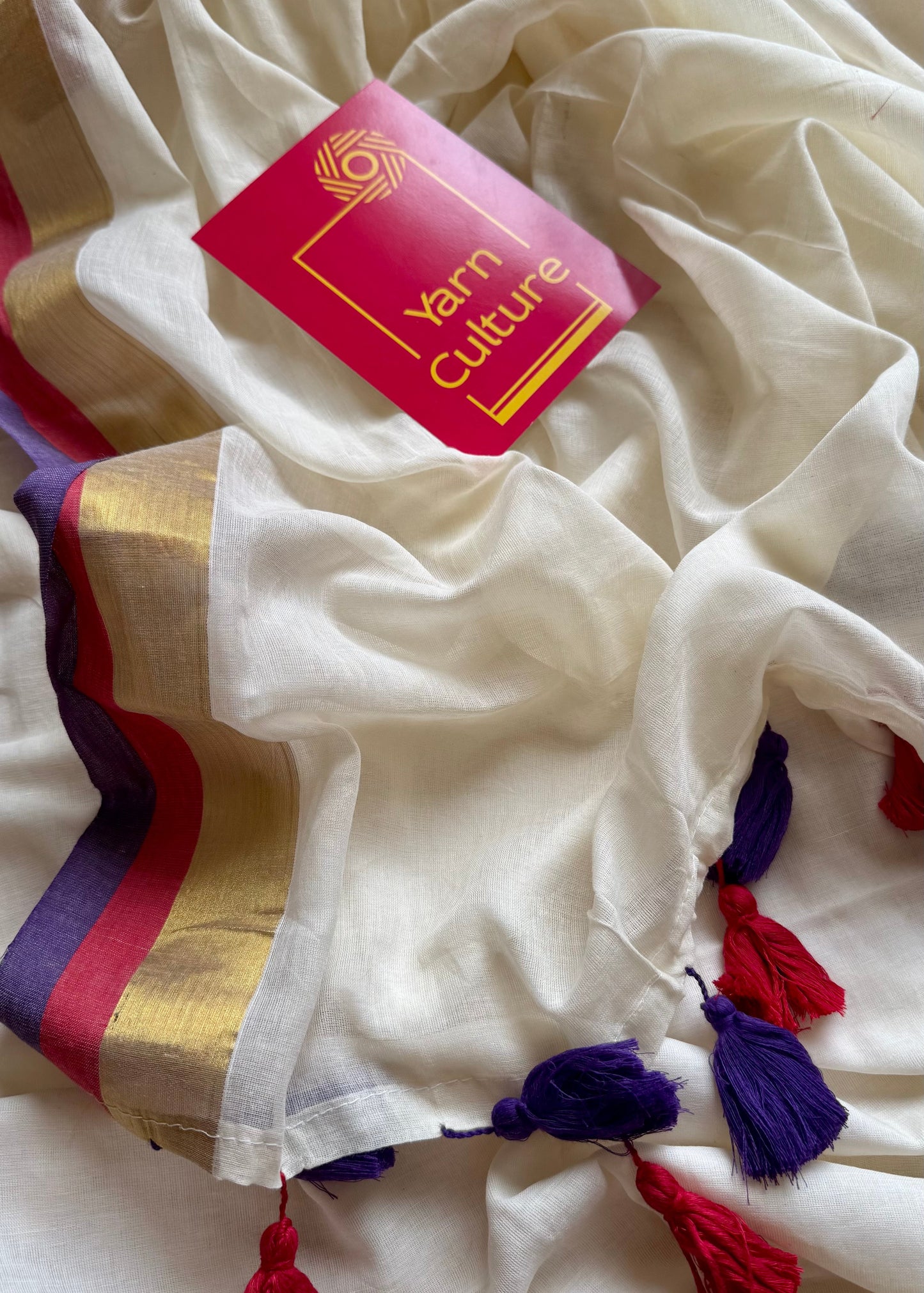 Ivory mul saree, purple, red and gold border - YCIEON08