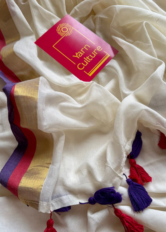 Ivory mul saree, purple, red and gold border - YCIEON08