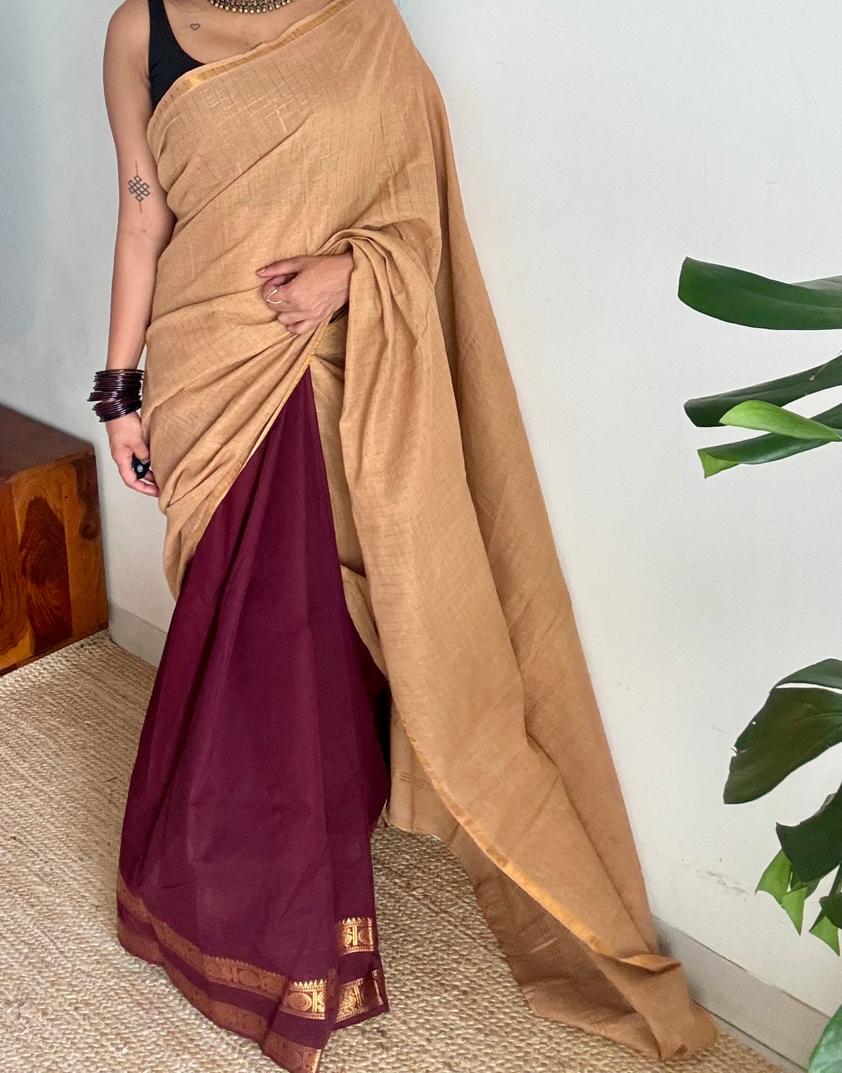 Maroon and cream, sungudi and chettinad cotton half-half saree - YCCOTNIDOC28