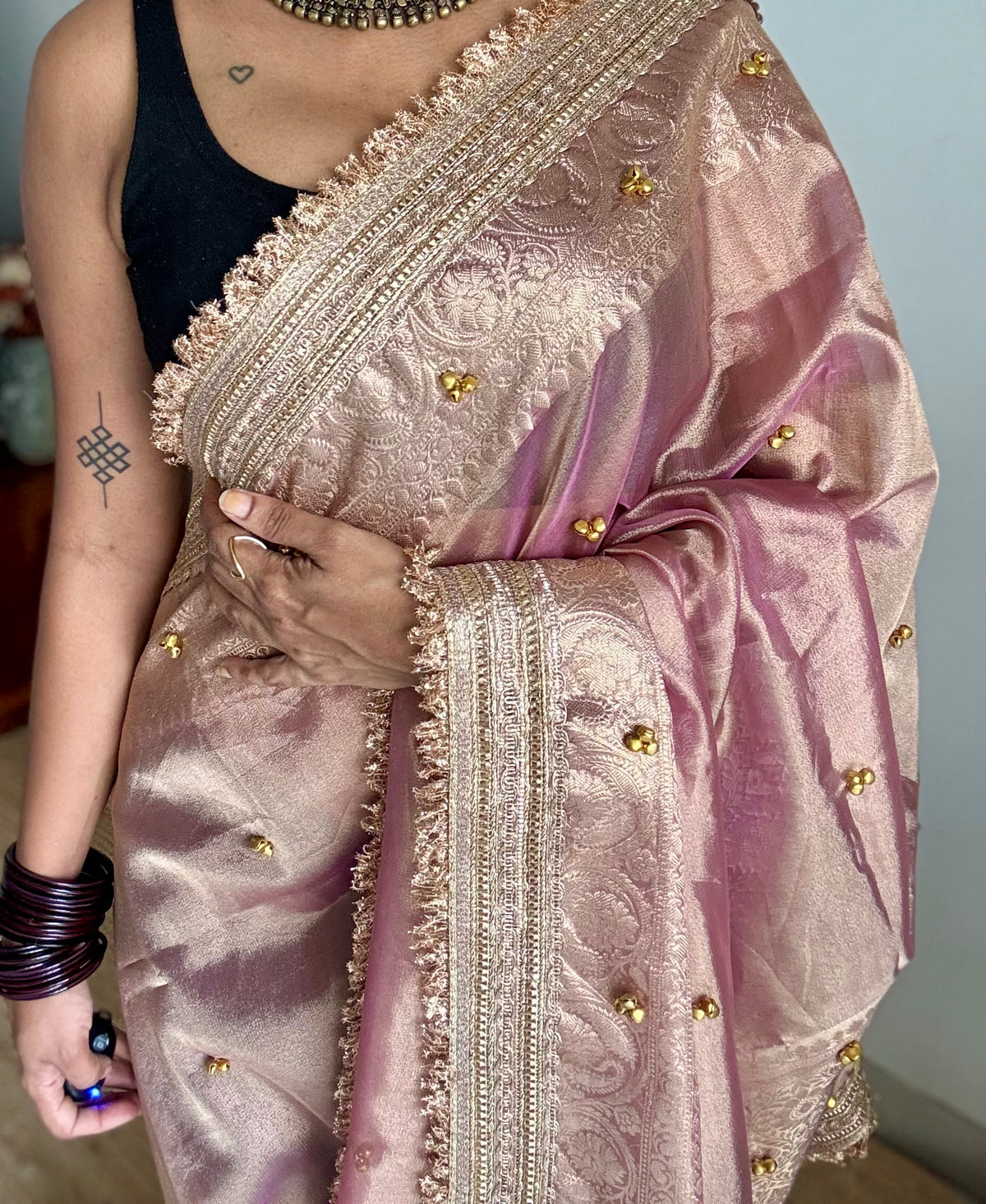 Pink gold tissue Banarasi saree with ghungroo embellishments and zari border - YCBLTOC71