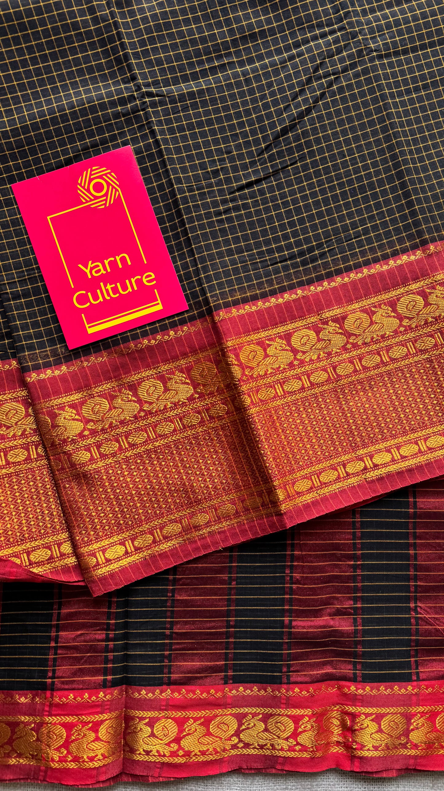 Black checks with red zari border, premium narayanpet, soft cotton - YCWOTDNPCFE20