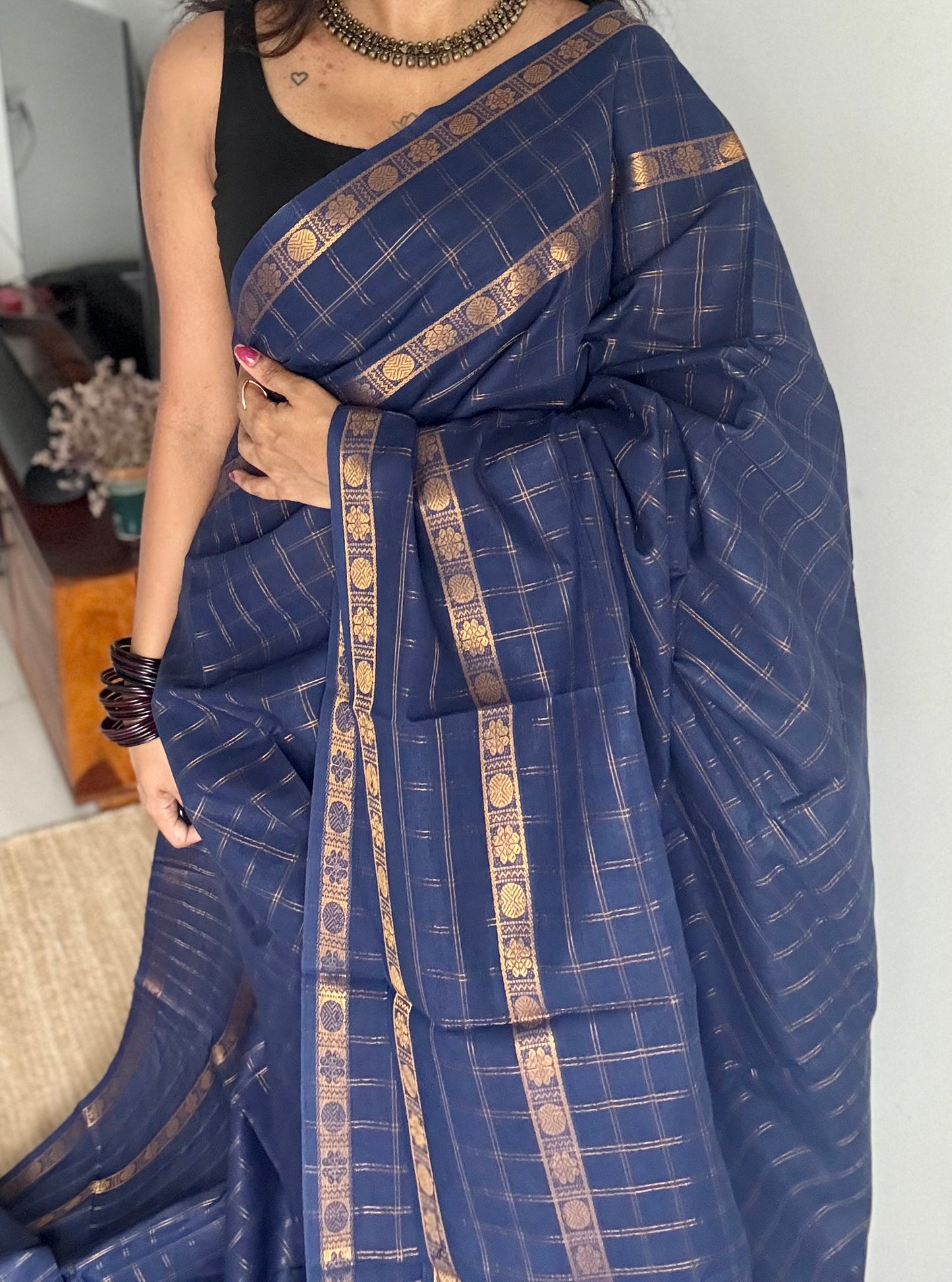 Navy blue adayar gold zari kattam, sungudi cotton - YCCOTNOCSC47