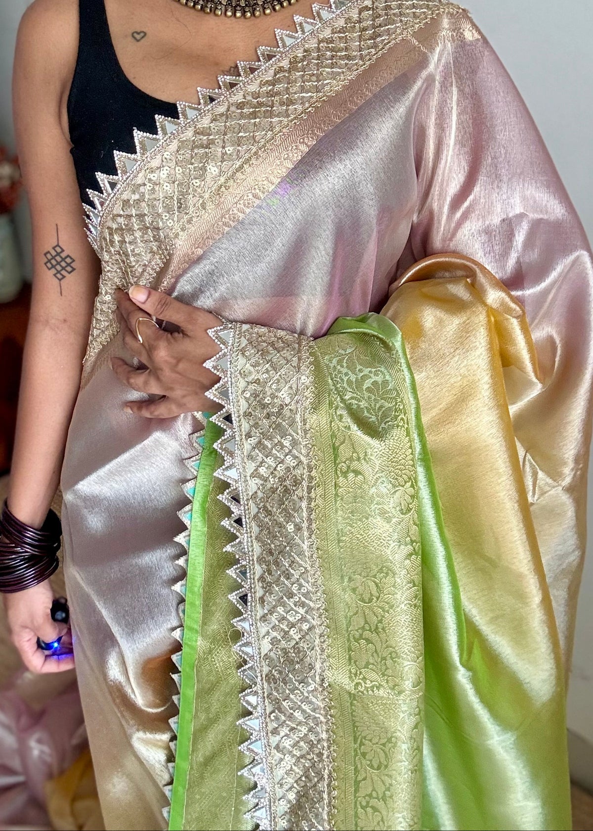Pastel pink, green and yellow tissue Banarasi saree with embellished mirror border - YCBLTOC73