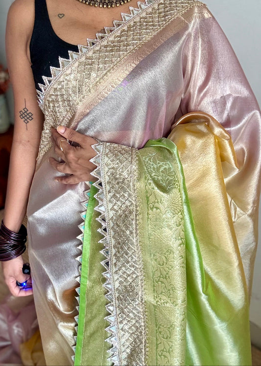 Pastel pink, green and yellow tissue Banarasi saree with embellished mirror border - YCBLTOC73