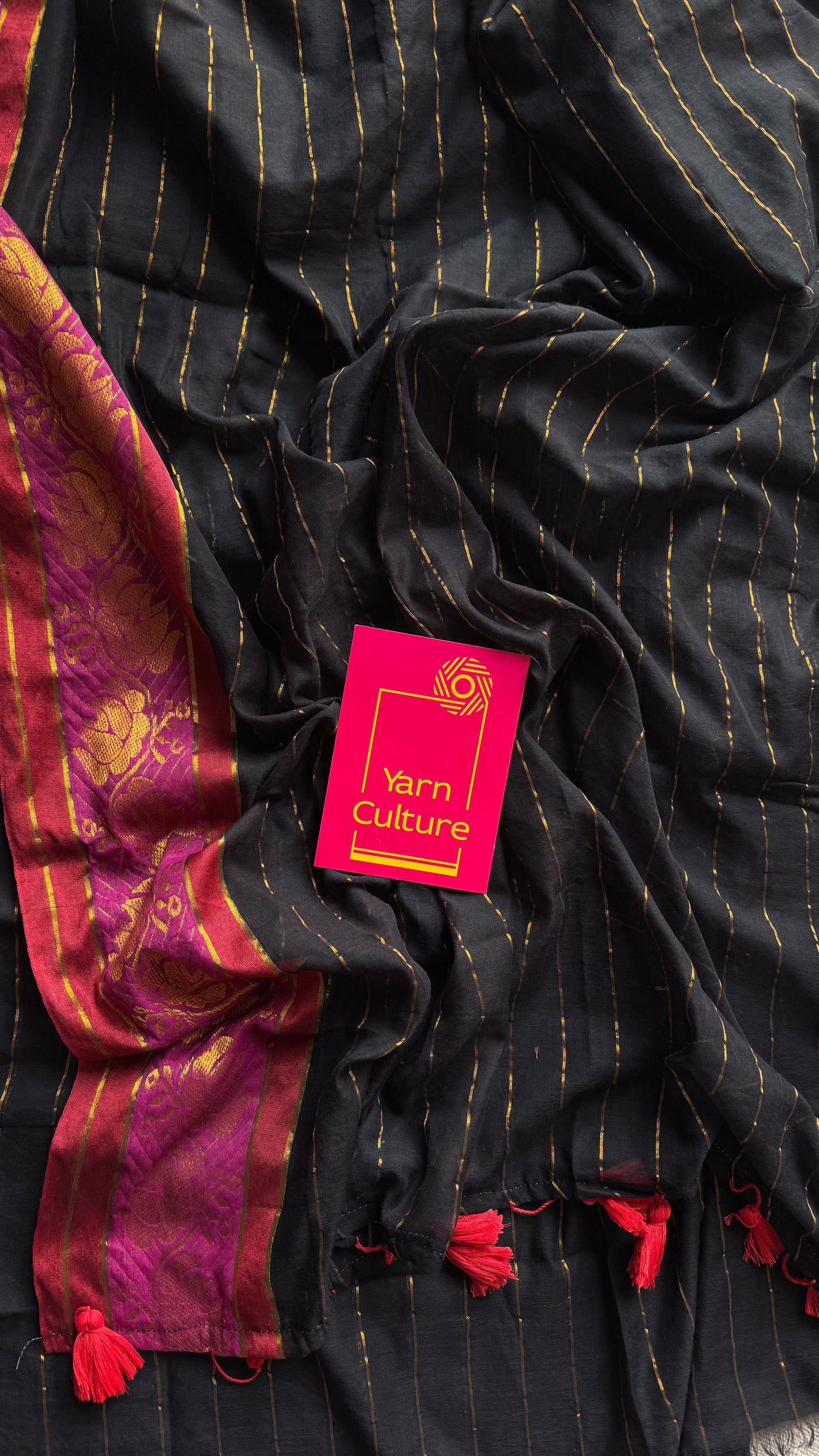 Black mul with magenta and maroon brocade border - YCBCMCNO75