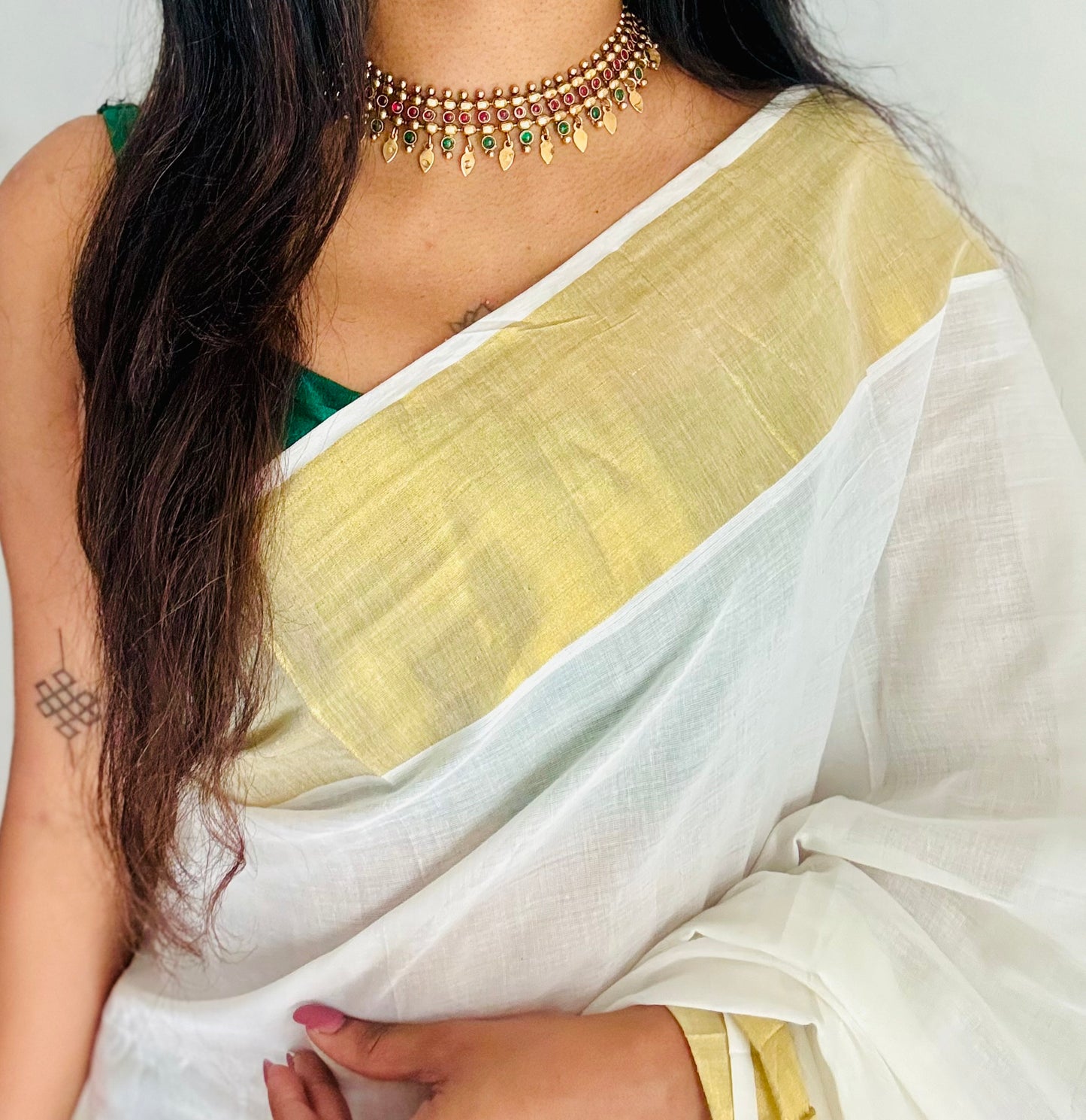 Elakkathali with ruby and green stones, with earrings - YCGPNP788