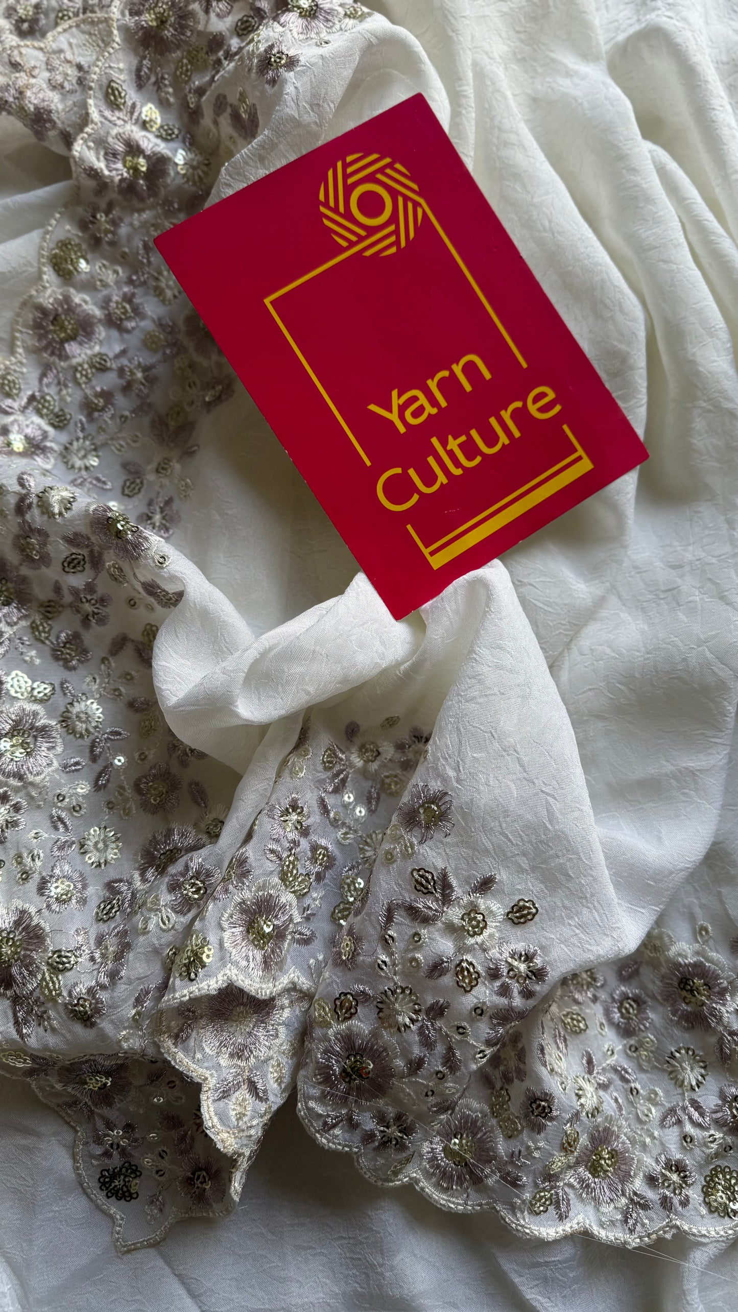 White Whimsy - white with floral sequins embroidered borders, semi-crepe- YCDOSNO48