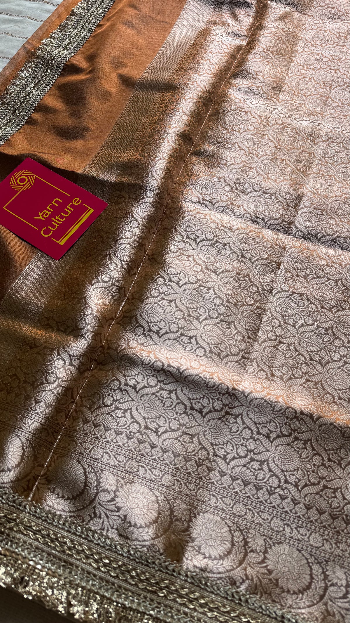 Brown tissue Banarasi saree with embellished gold lace border - YCBLTOC80