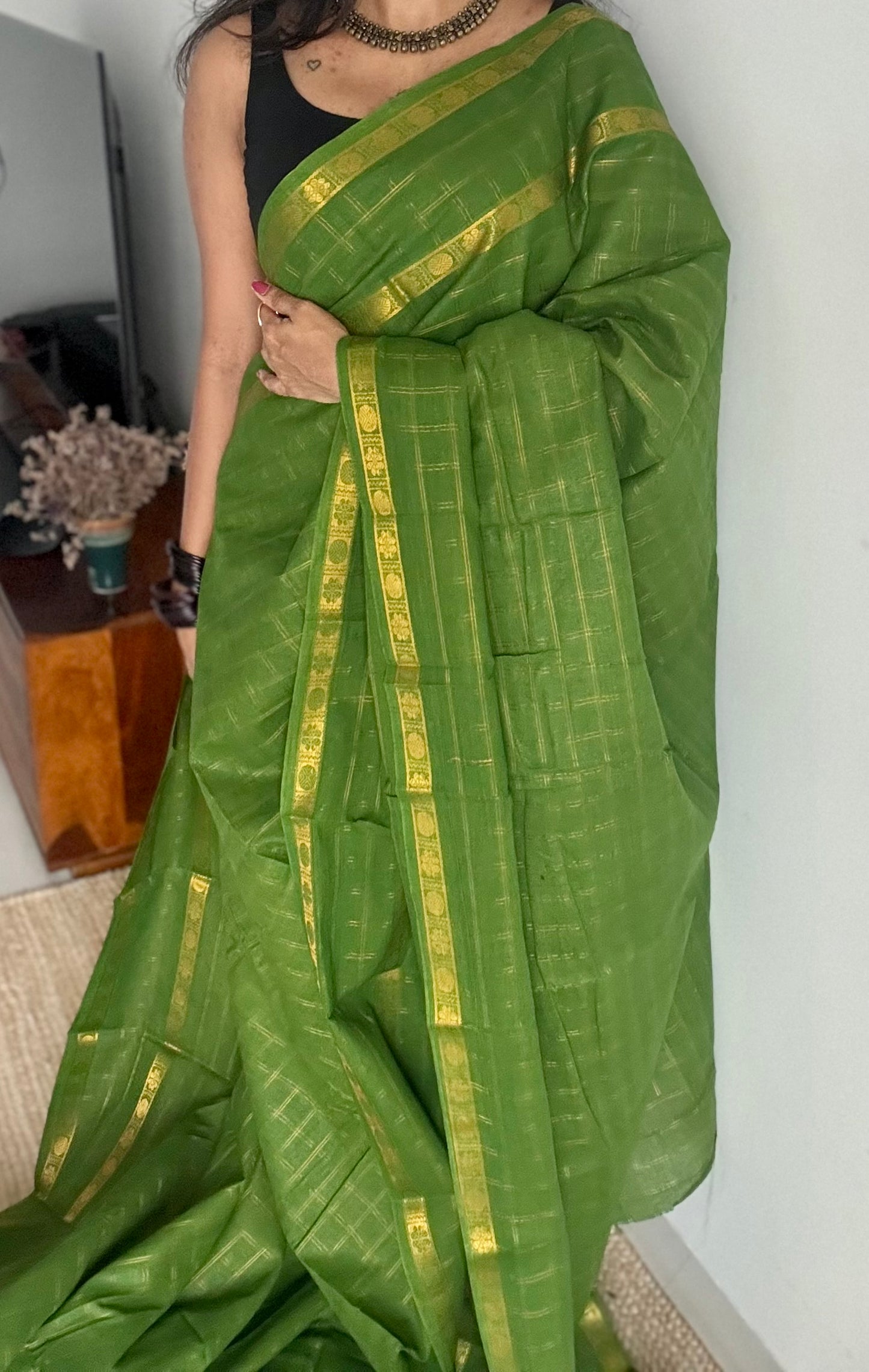 Green adayar gold zari kattam, sungudi cotton - YCCOTNOCSC46