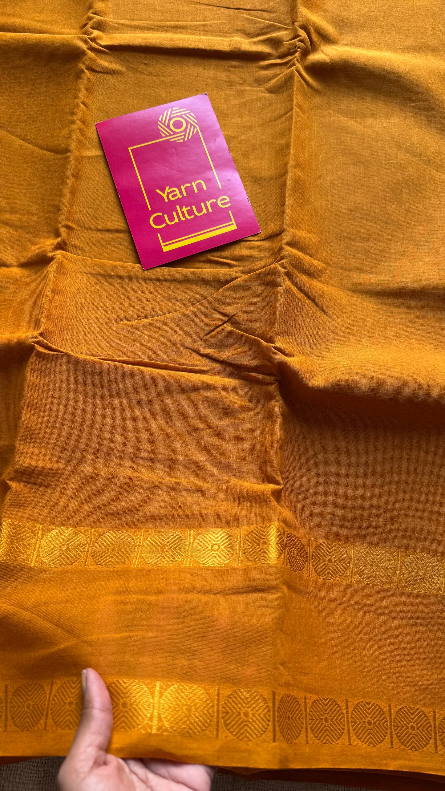 Turmeric yellow with round motif gap border, kattuchayam dyed madurai cotton saree - YCCOTNMSFE112
