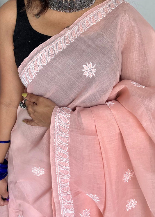 light peach chikankari cotton saree