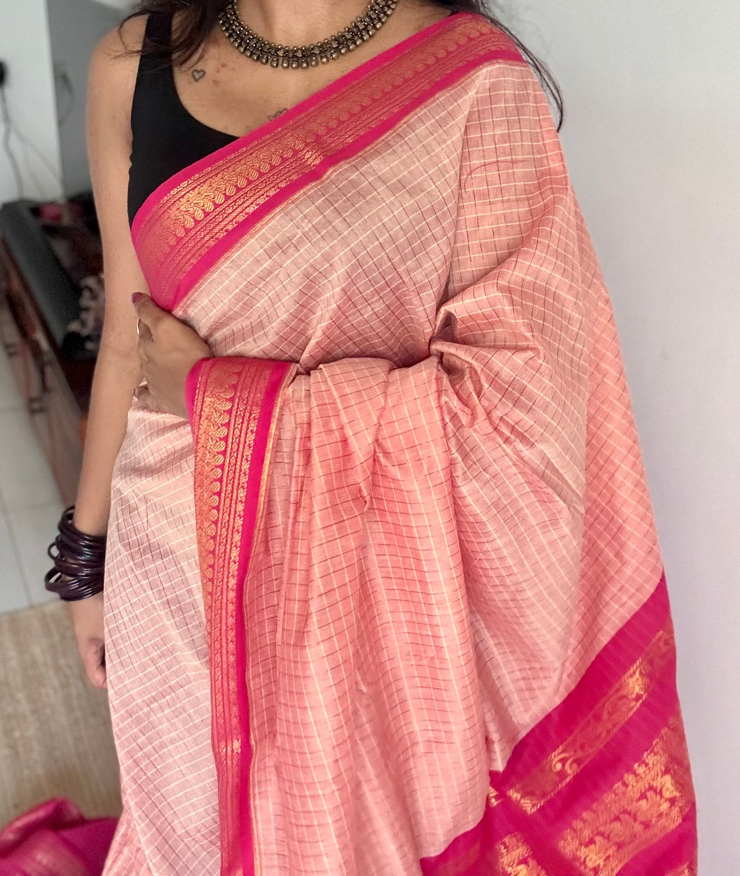 Salmon pink with hot pink, checks - cotton silk - YCCOTNOCKC40
