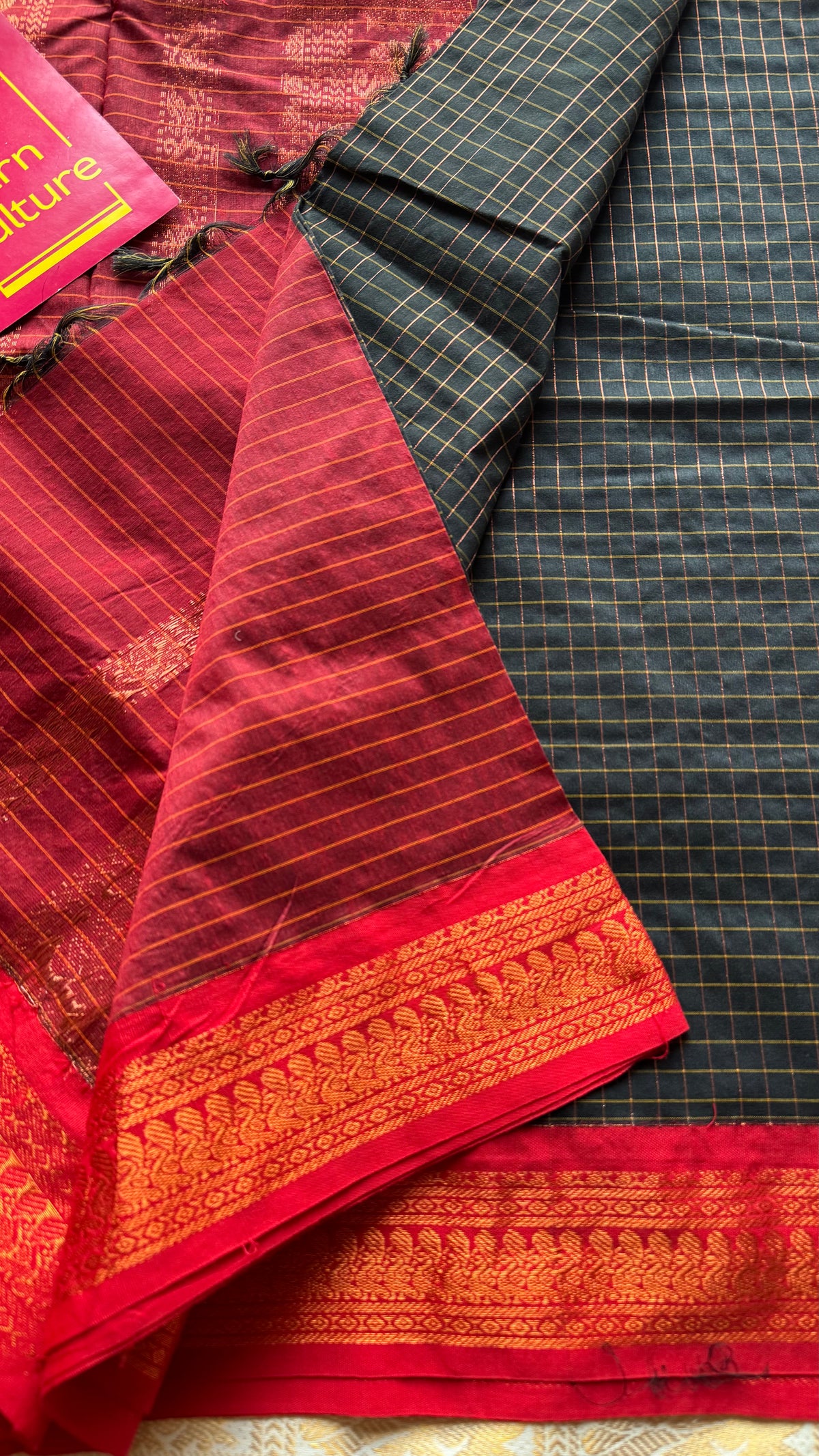 Black with red, zari checkered saree, cotton silk - YCCOTNKCOC104