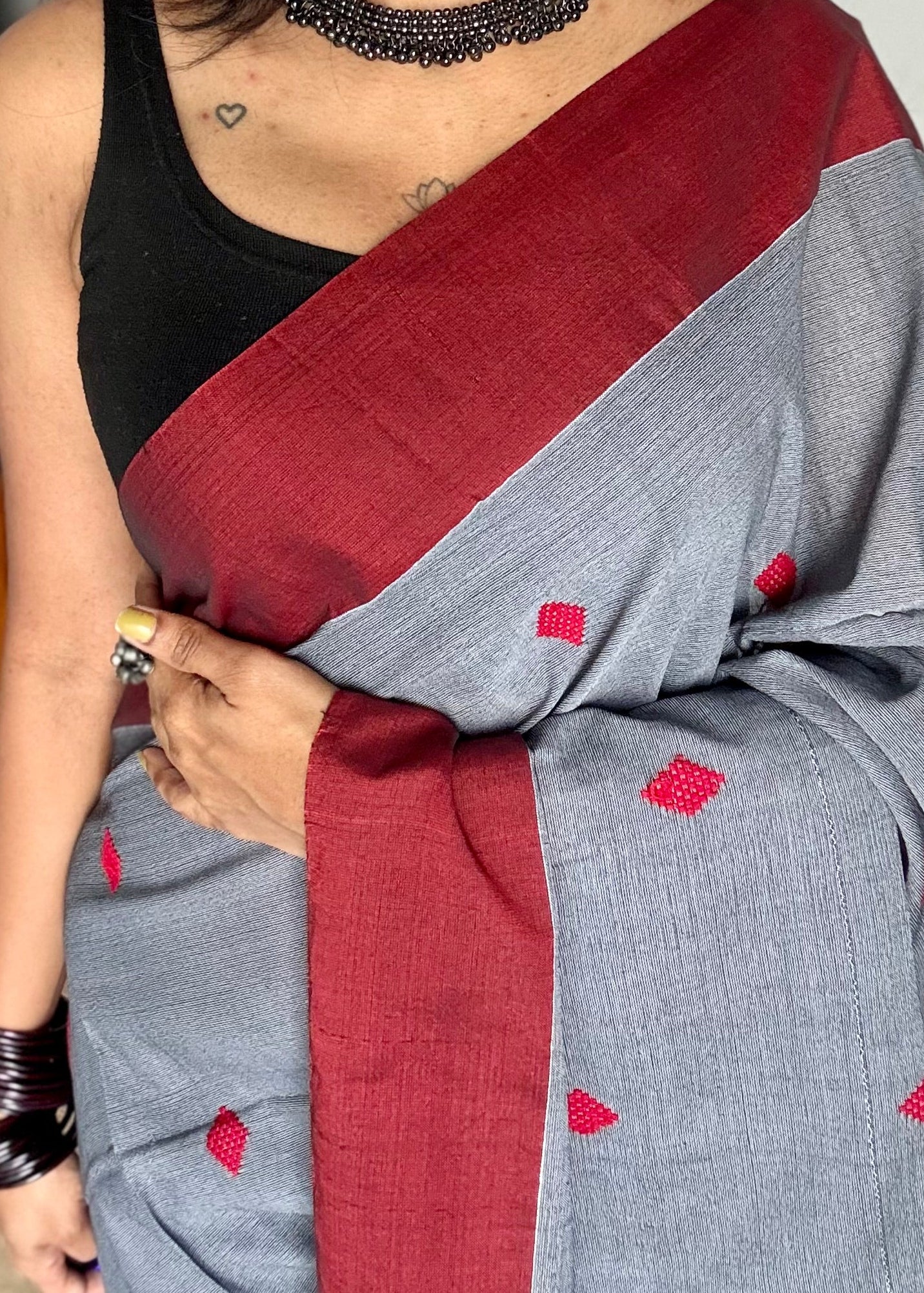 Grey with maroon, soft khadi cotton with woven motifs - YCBCKCDE24