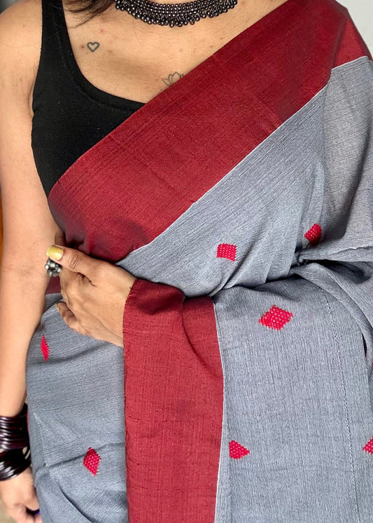 Grey with maroon, soft khadi cotton with woven motifs - YCBCKCDE24