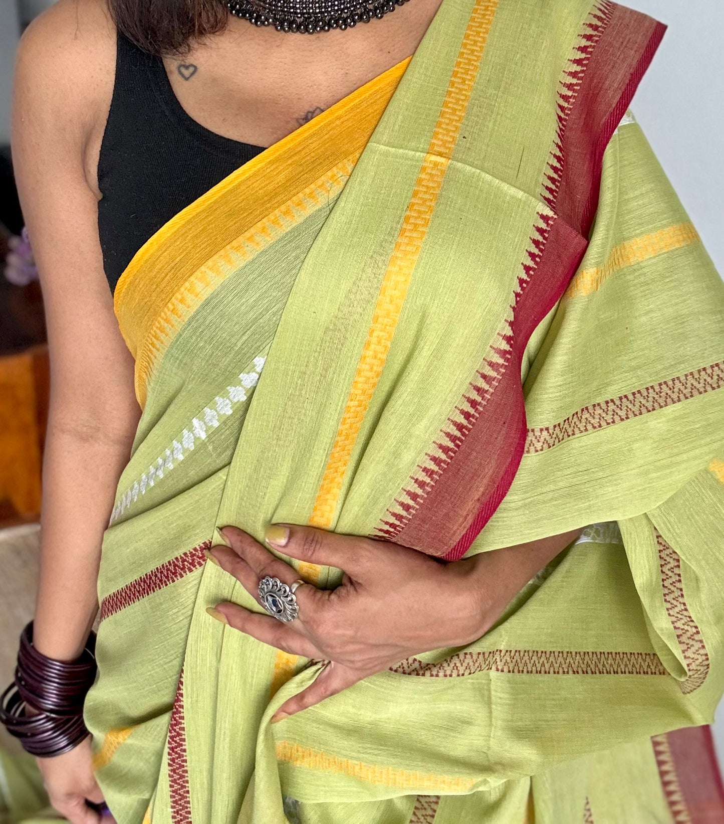Dhonekhali handloom soft cotton saree, light green with maroon, yellow and white woven stripes - YCBCDFE264
