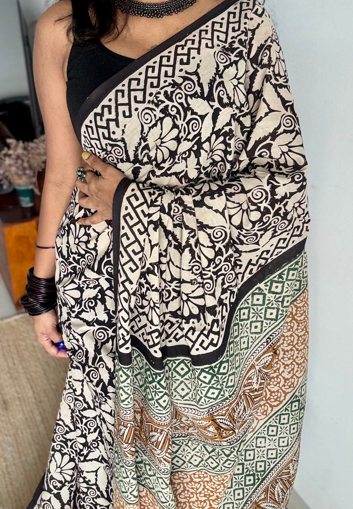 Raah - black and white to earthy brown, half half pattern, block print, soft cotton - YCWOTDNOBP93