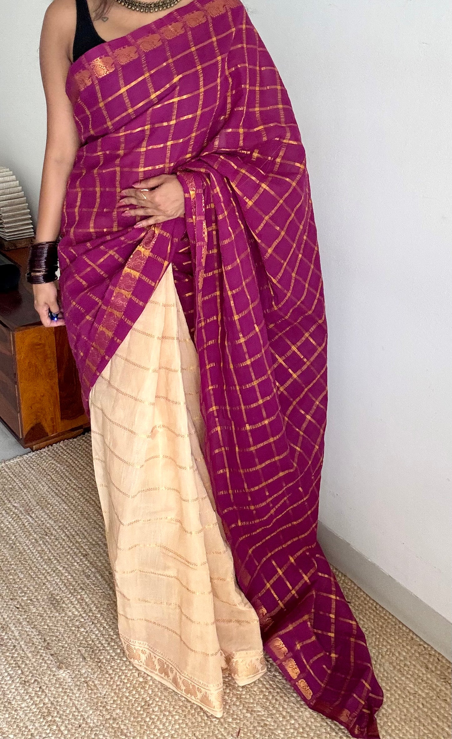 Vadamalli with cream, sungudi cotton half-half saree - YCCOTNIDMA285