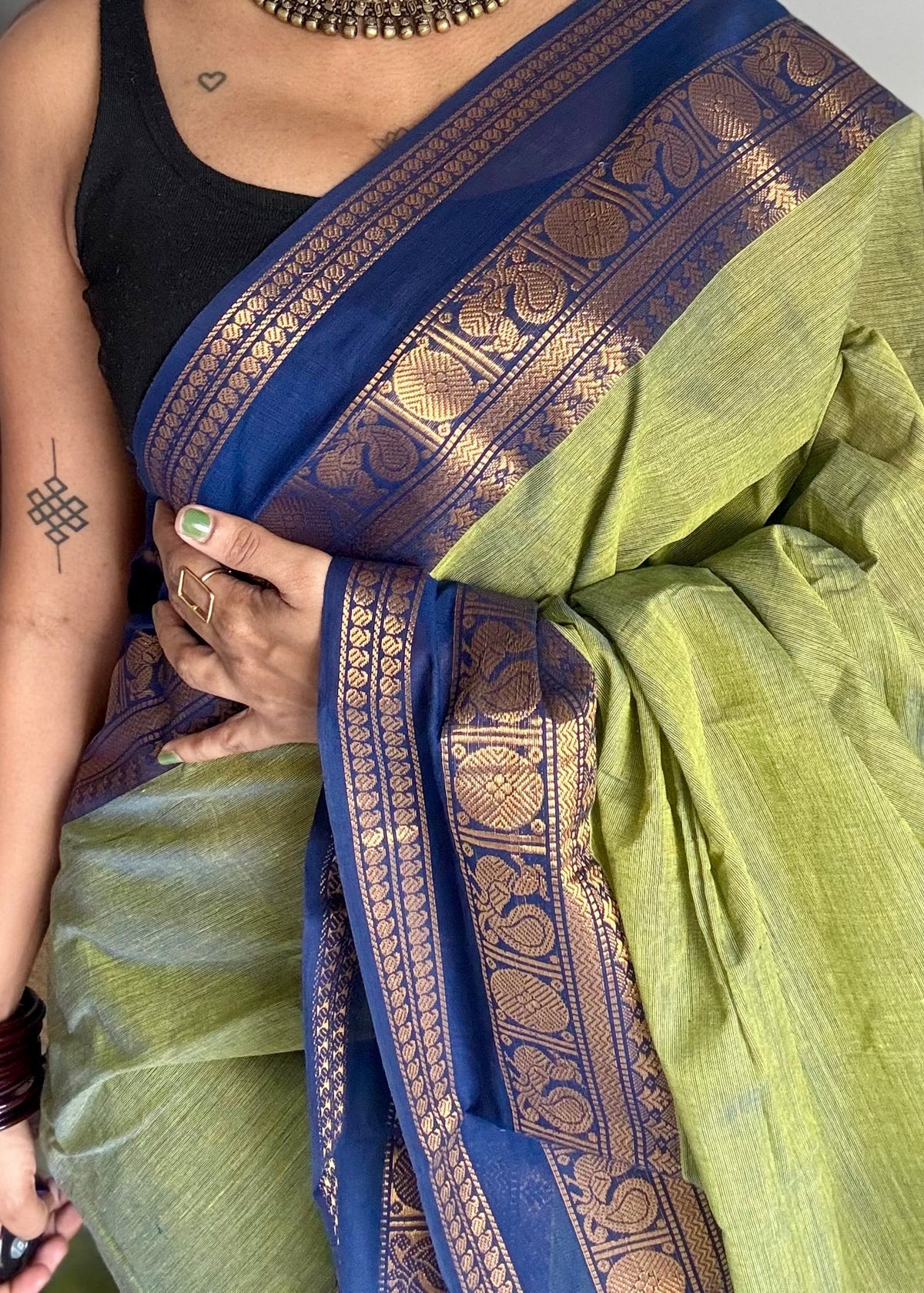 Green with blue gap zari border, kanchi cotton saree - YCCOTNCCOC115
