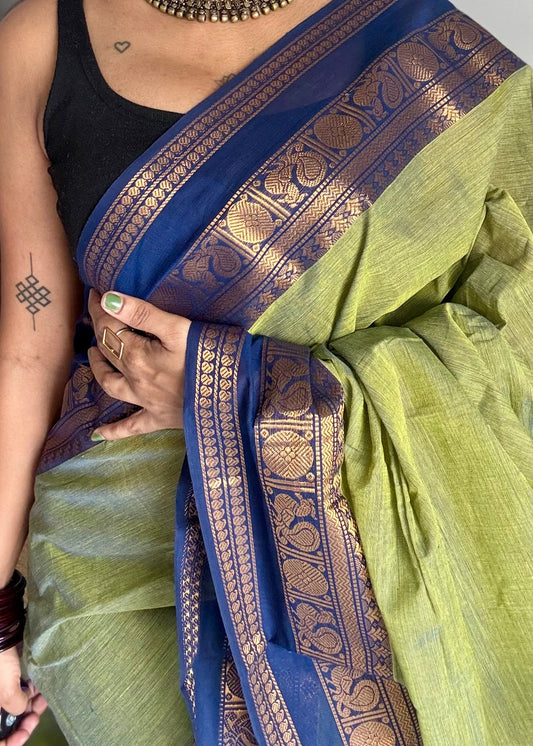 Green with blue gap zari border, kanchi cotton saree - YCCOTNCCOC115