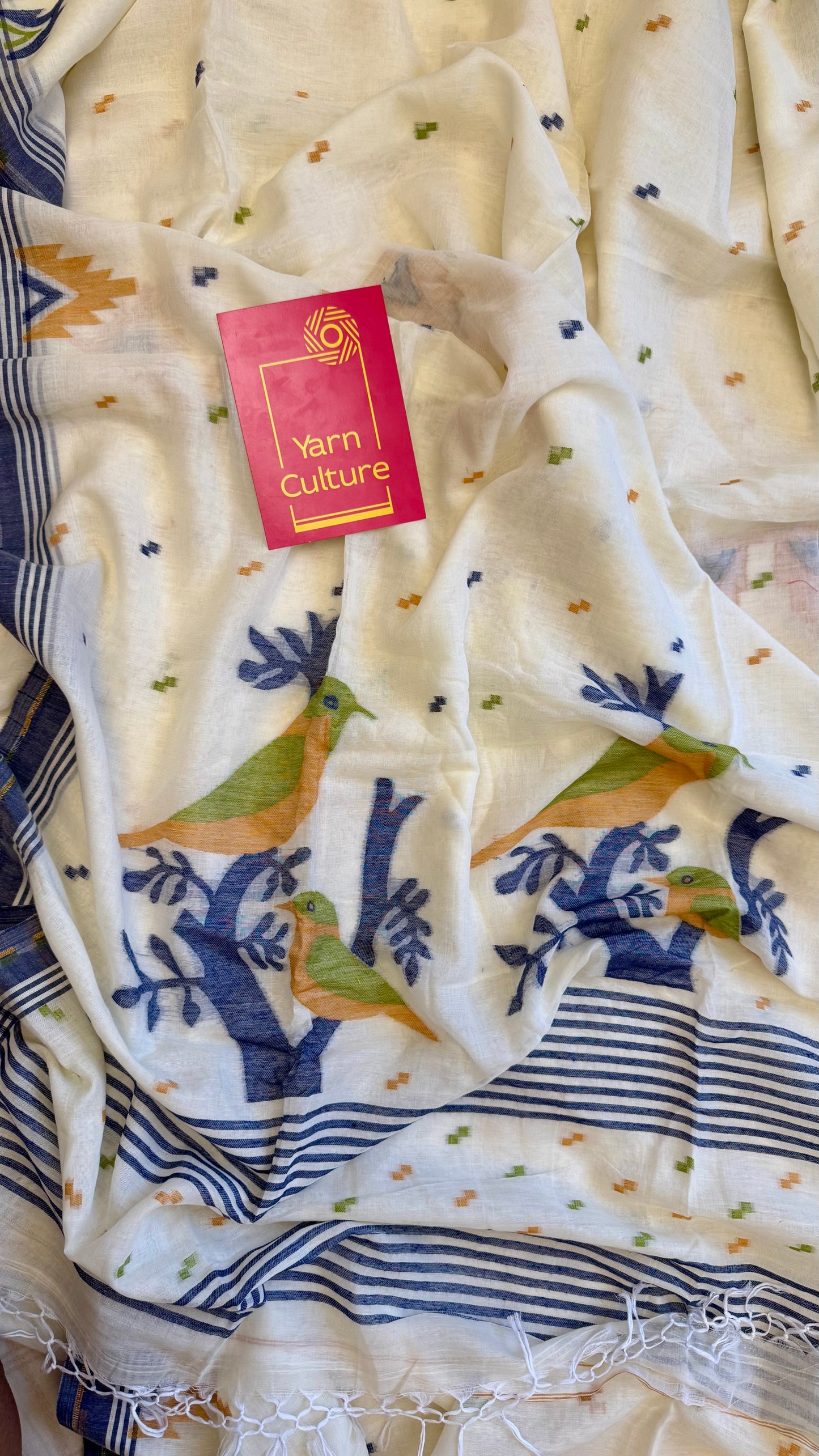 Ivory soft cotton saree, jamdani bird work - YCIEON38