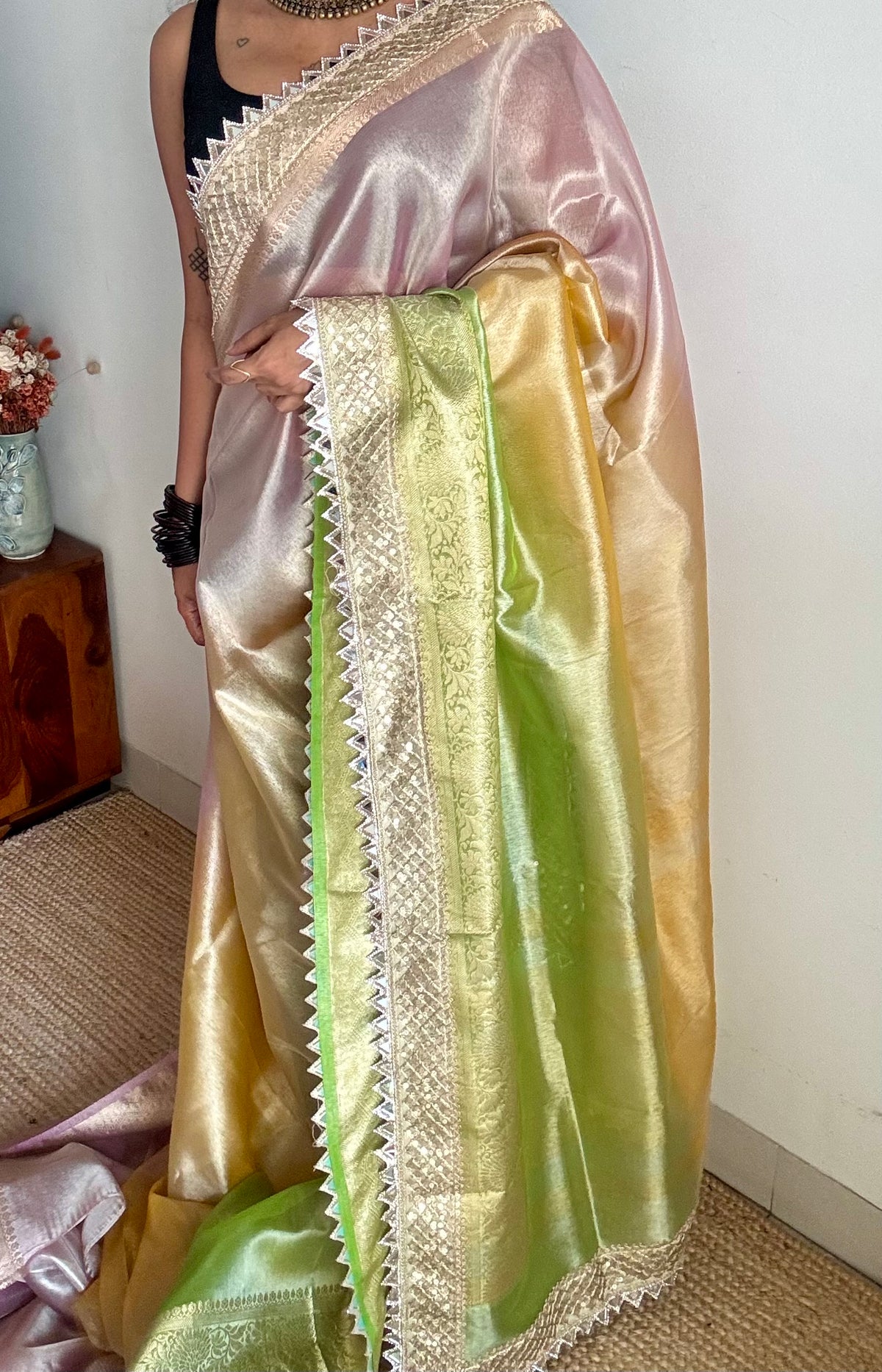 Pastel pink, green and yellow tissue Banarasi saree with embellished mirror border - YCBLTOC73