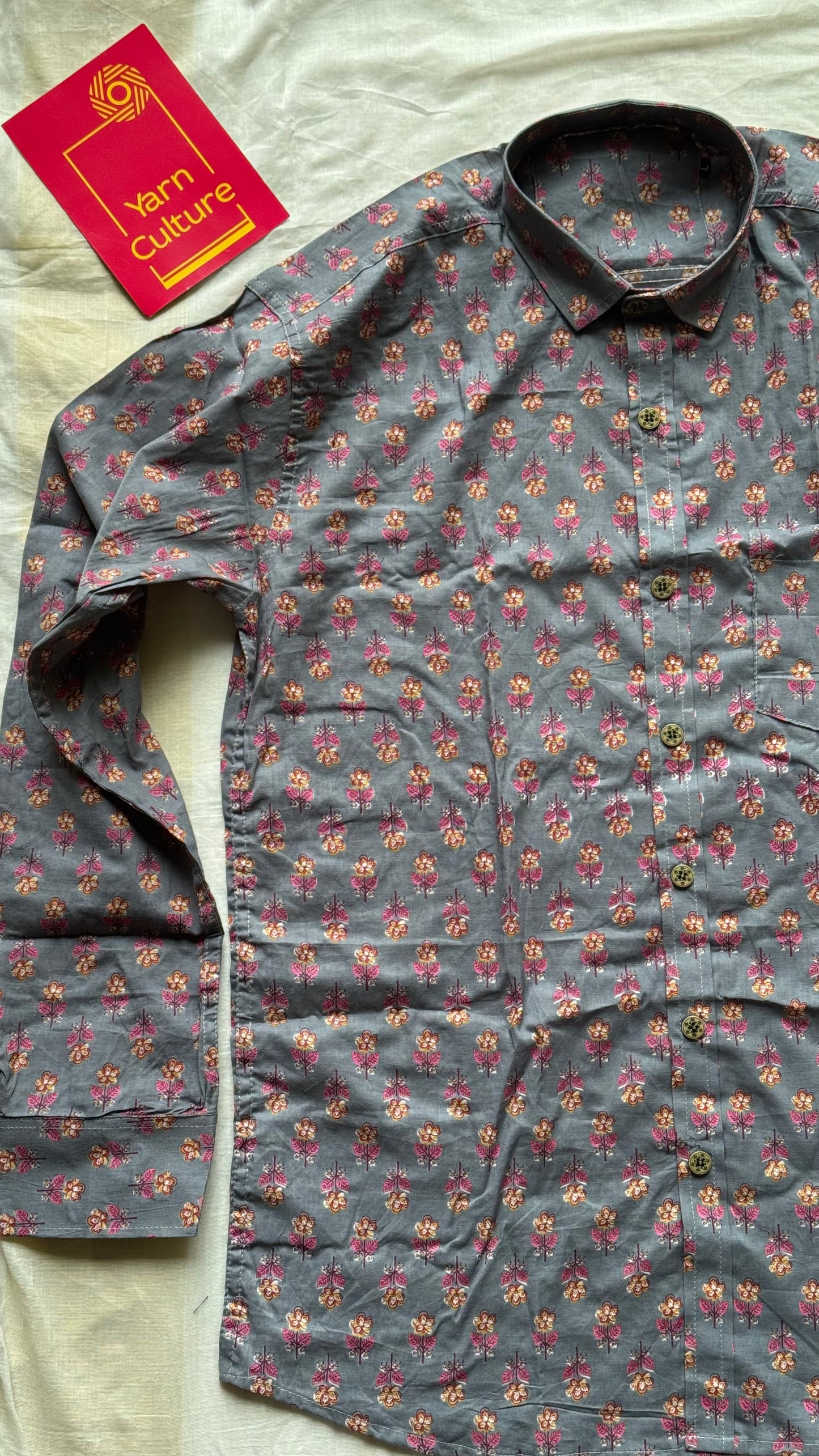 Grey Floral Block Printed Cotton Men's Full Sleeve Collared Shirt - YCMSEIE200
