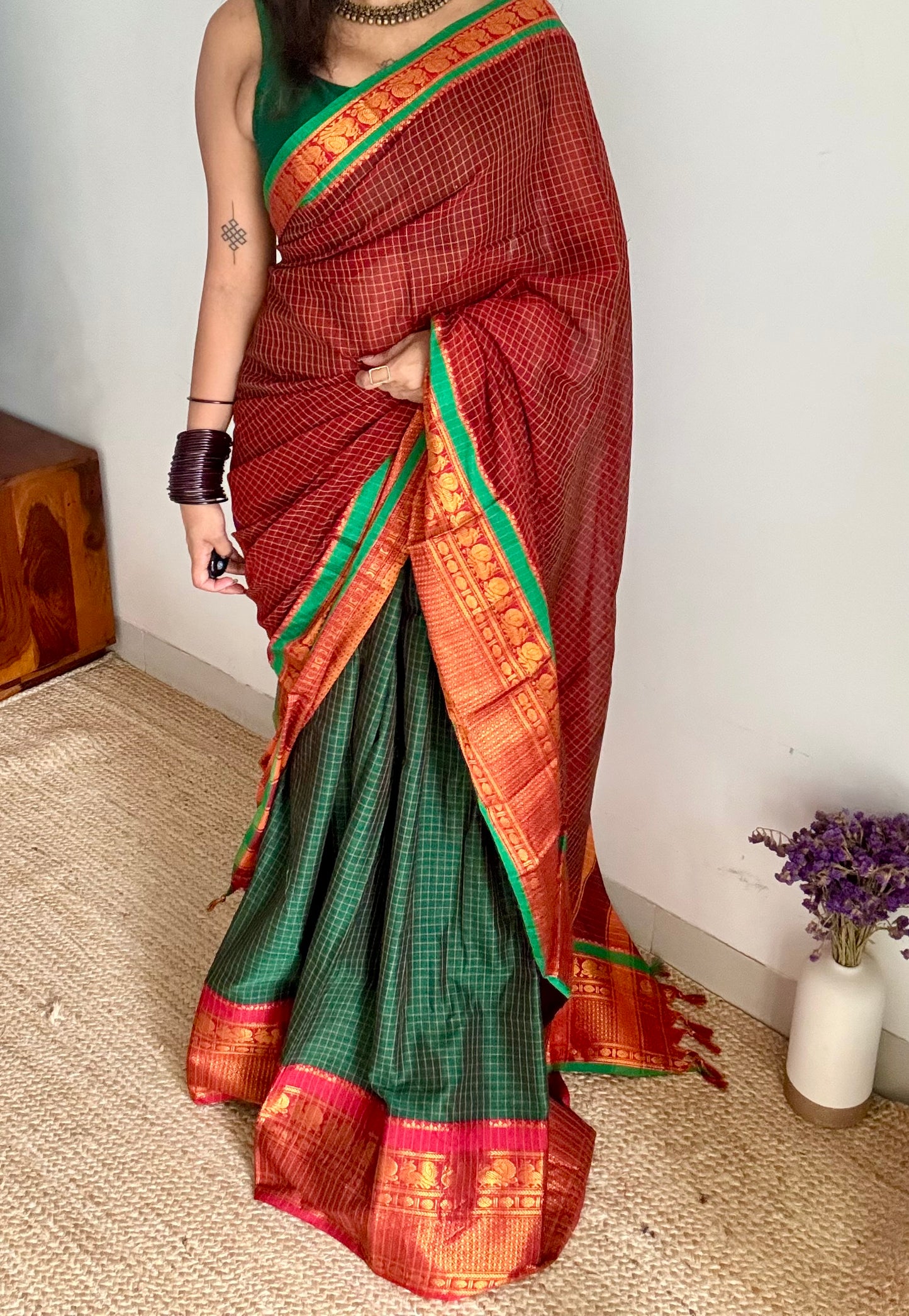 Green - Maroon unstitched half saree material (dhavani), narayanpet cotton - YCIEHS218