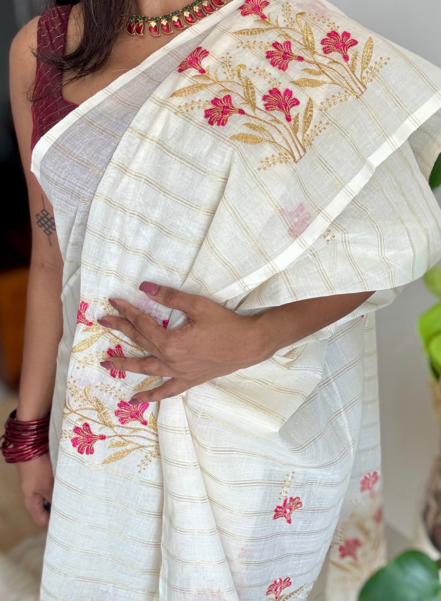 Ivory and gold soft cotton saree, hot pink floral embroidery  - YCIEON54