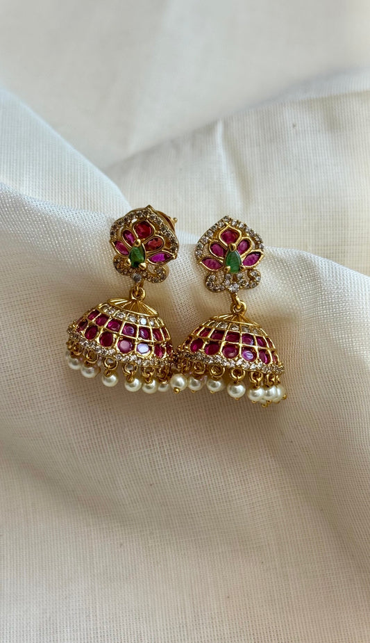 Ruby green pearl drops with white stones jhumka - YCGPER833