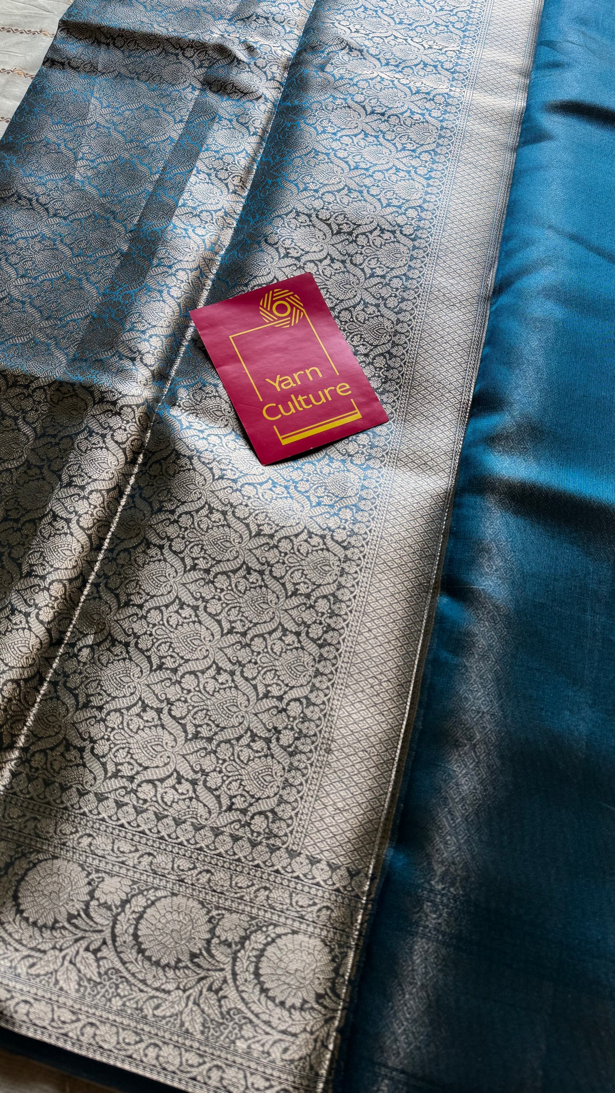 Peacock blue tissue Banarasi saree with zari border - YCBLTOC86