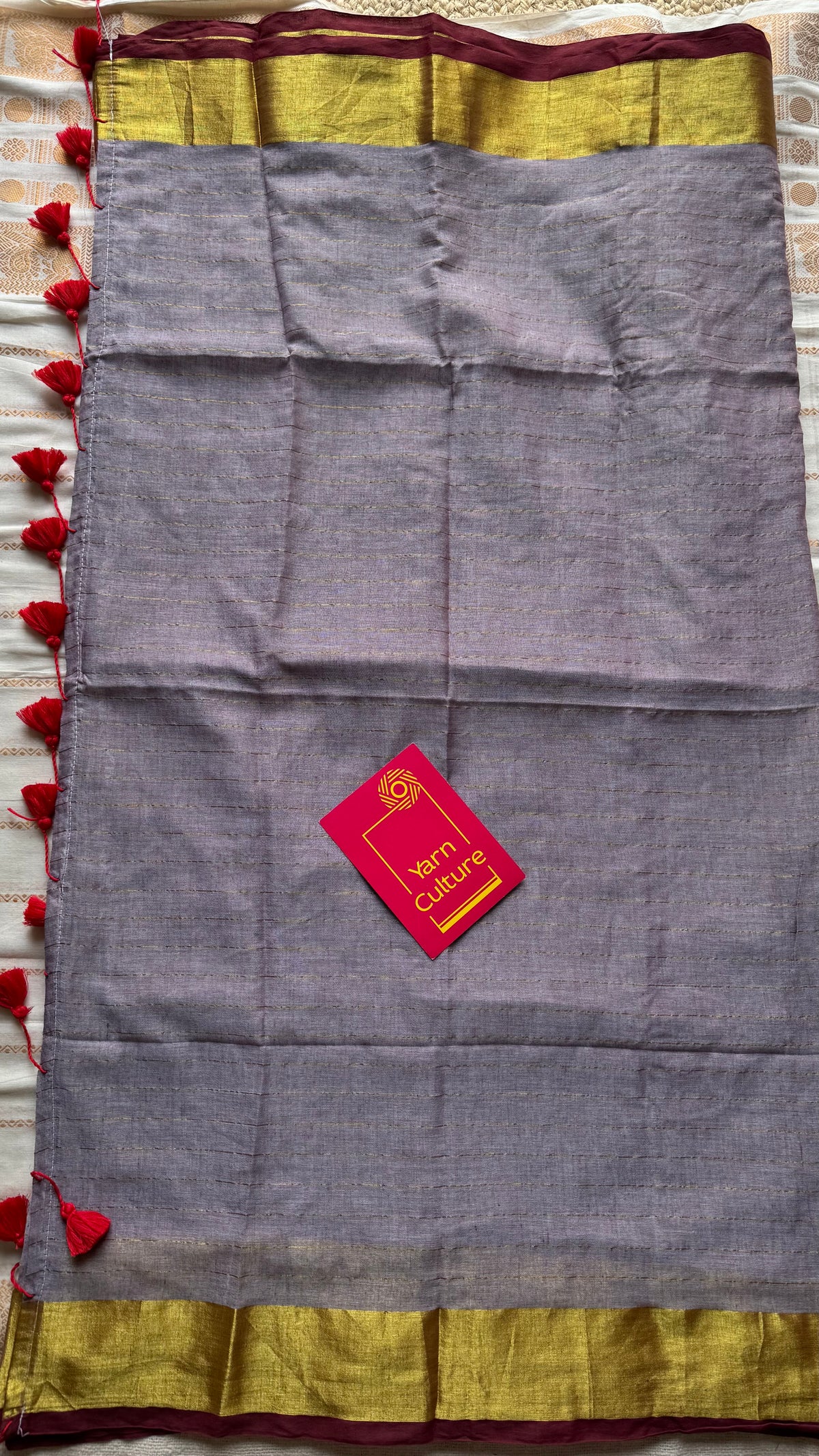 Grey mul cotton saree with zari stripes and maroon highlighted border - YCBCMCSE35