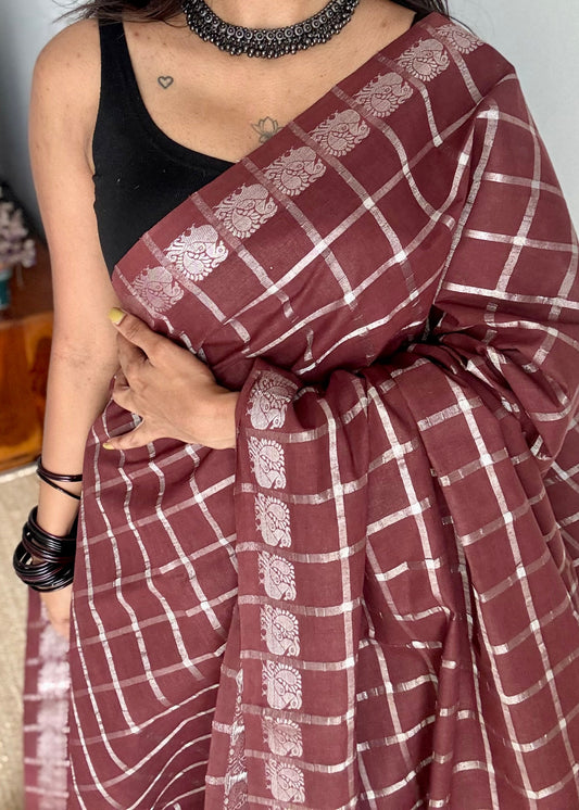Brown silver pavithra kattam sungudi, madurai cotton - YCCOTNSEMS11