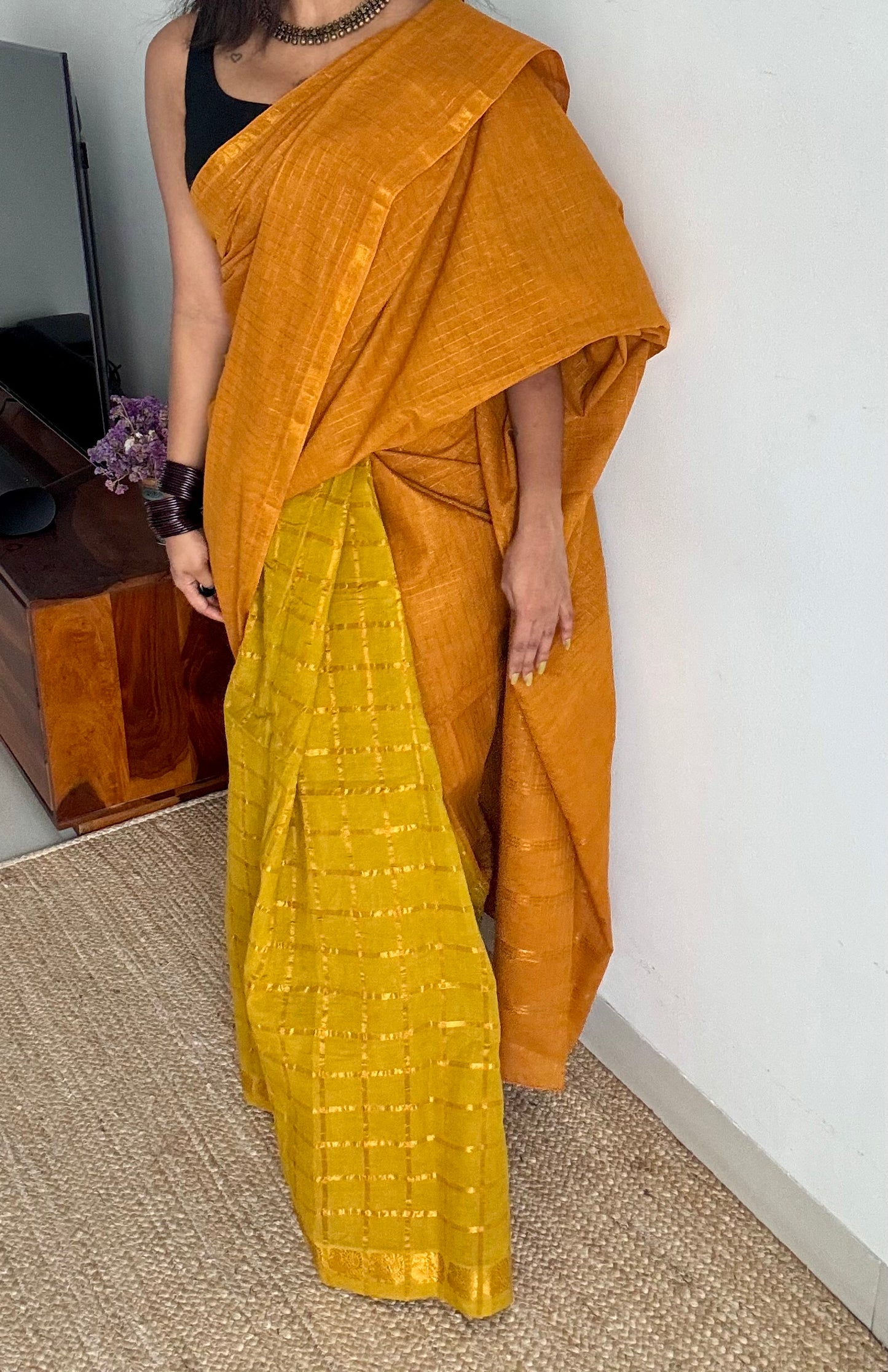Turmeric yellow with light green, sungudi cotton half-half saree - YCCOTNMSFE368