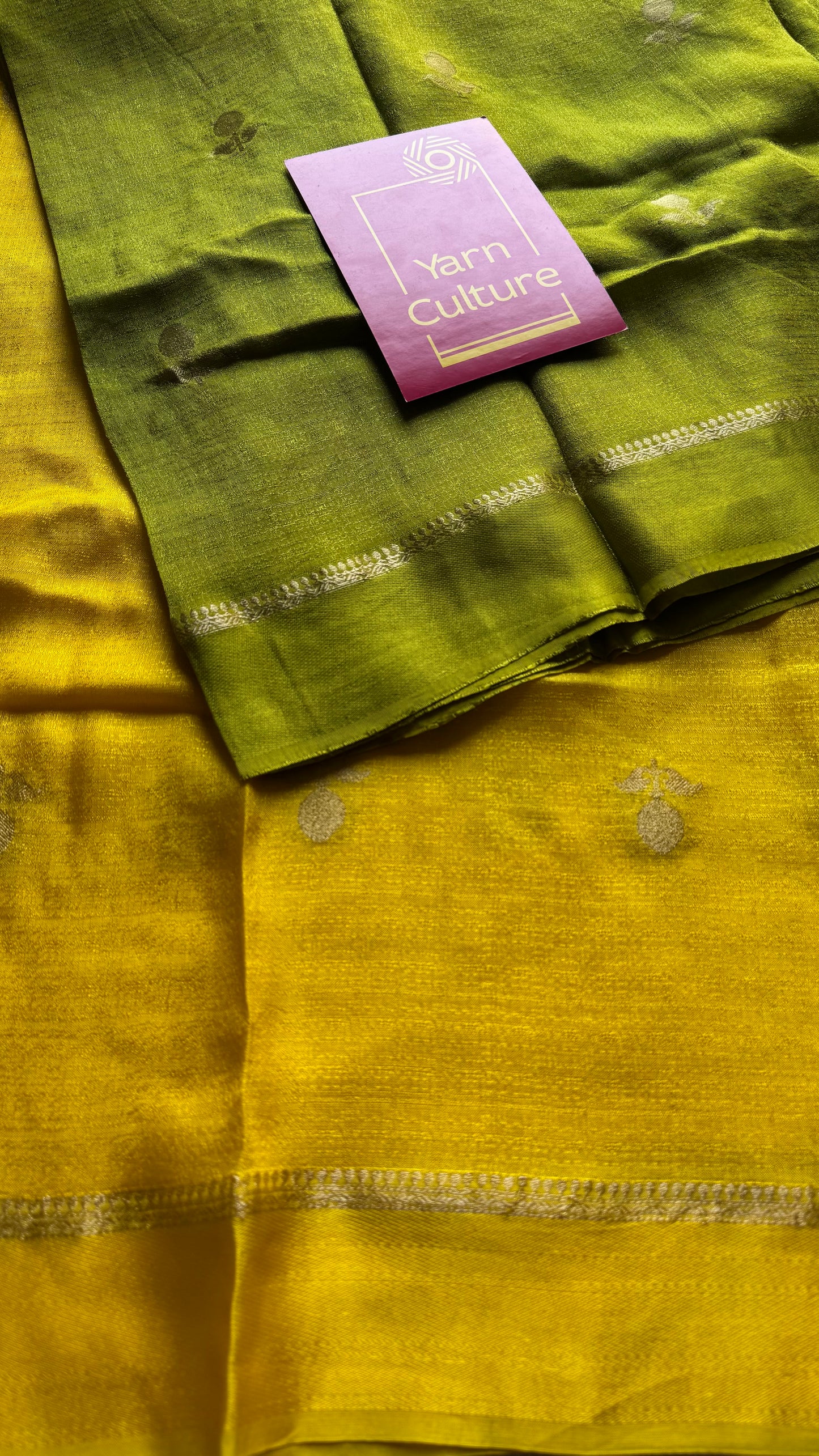 Yellow green dual tone in viscose soft silk with satin border, jacquard zari motifs - YCDOSFE194
