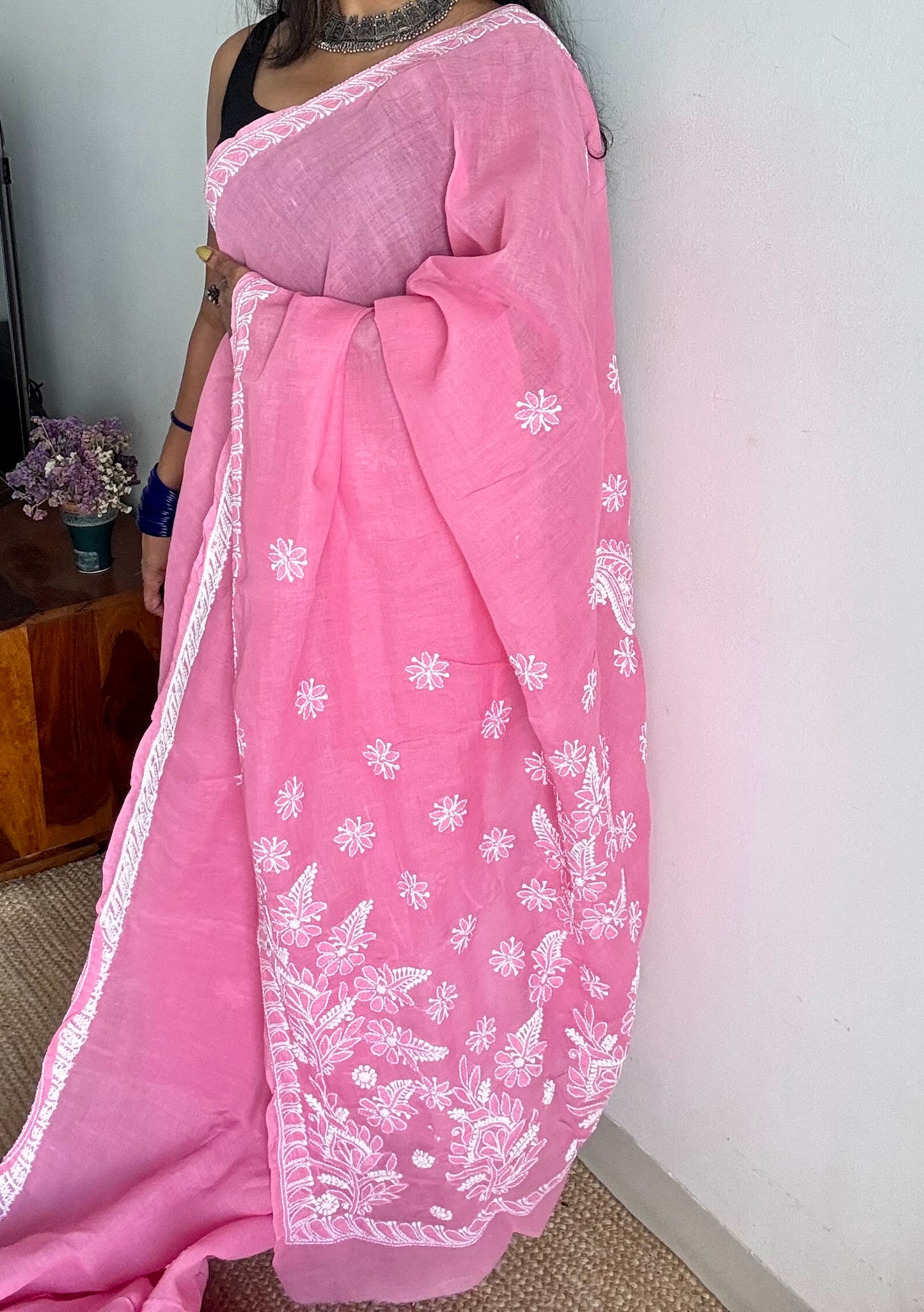 Zehra - persian pink hand-embroidered chikankari cotton saree - YCLCKFE421
