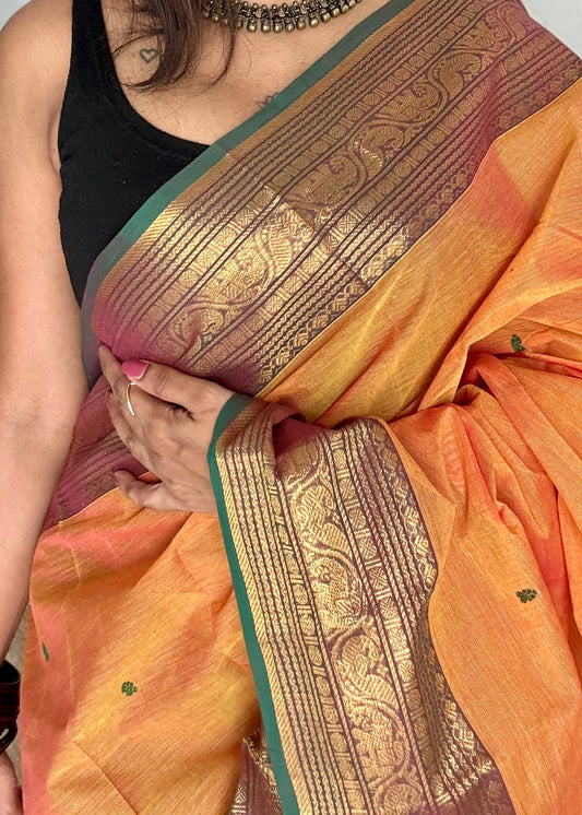 Kanchi cotton saree, light orange with green zari border - YCCOTNAP80