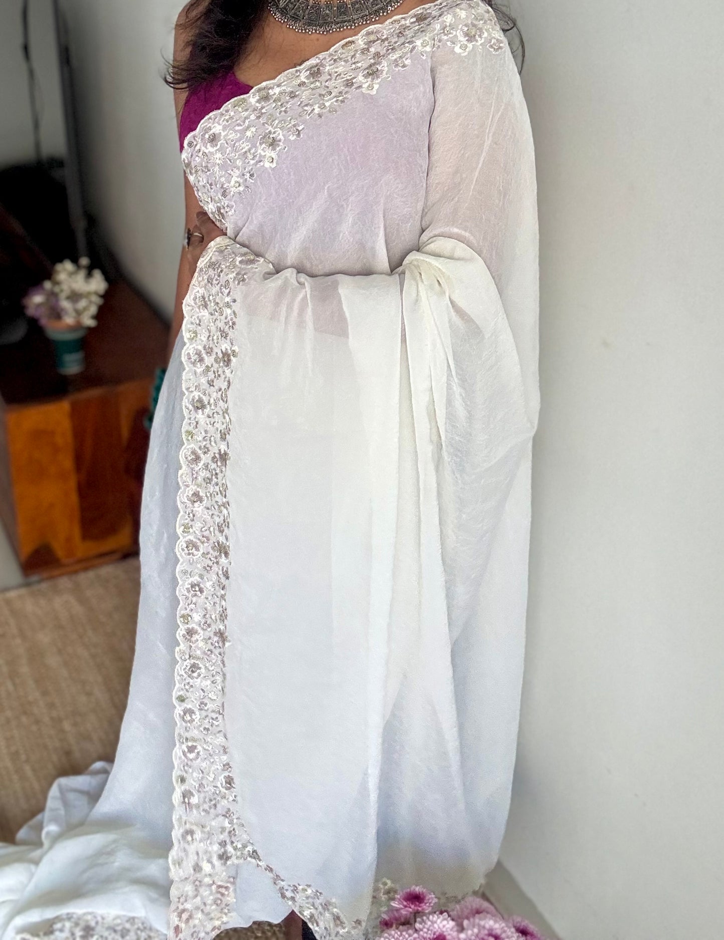 White Whimsy - white with floral sequins embroidered borders, semi-crepe- YCDOSNO48