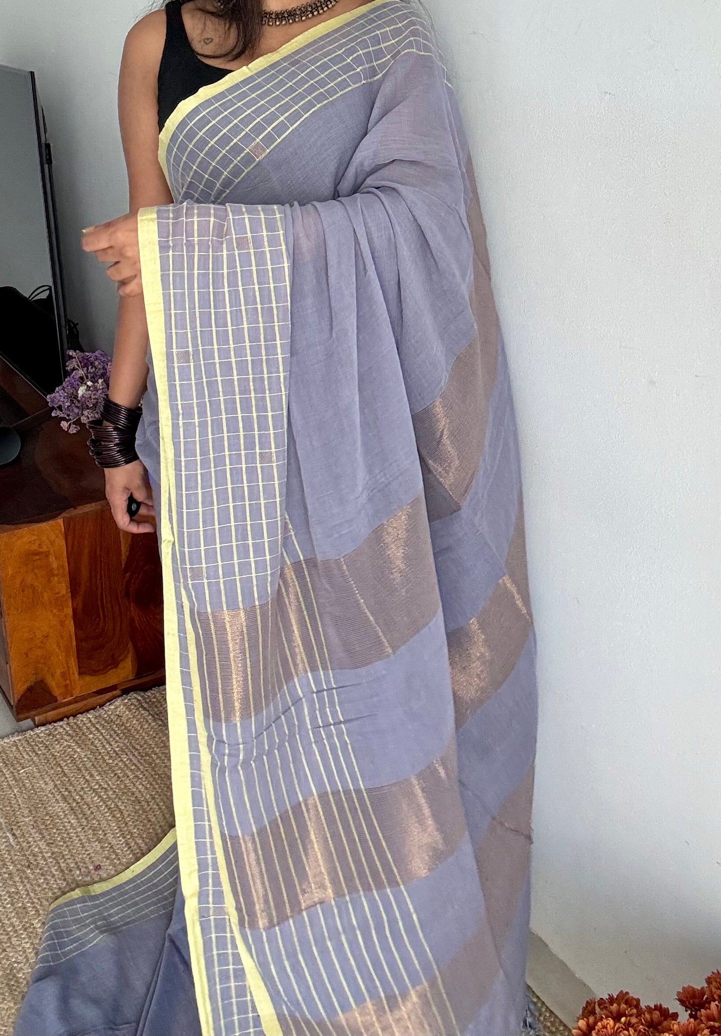 Grey handloom mul saree with custard yellow checkered borders and antique gold buttas - YCBCMCFE387
