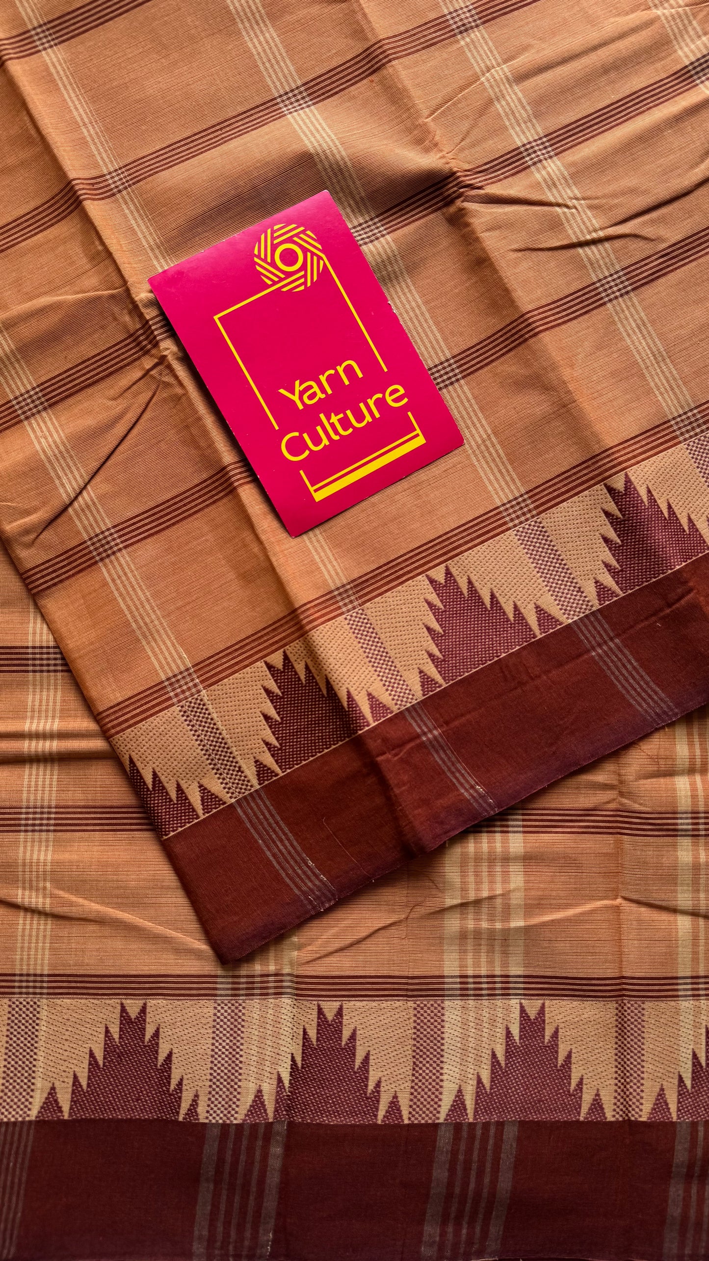 Chettinad cotton saree with light brown and dark brown checks, temple motif border - YCCOTNAP71