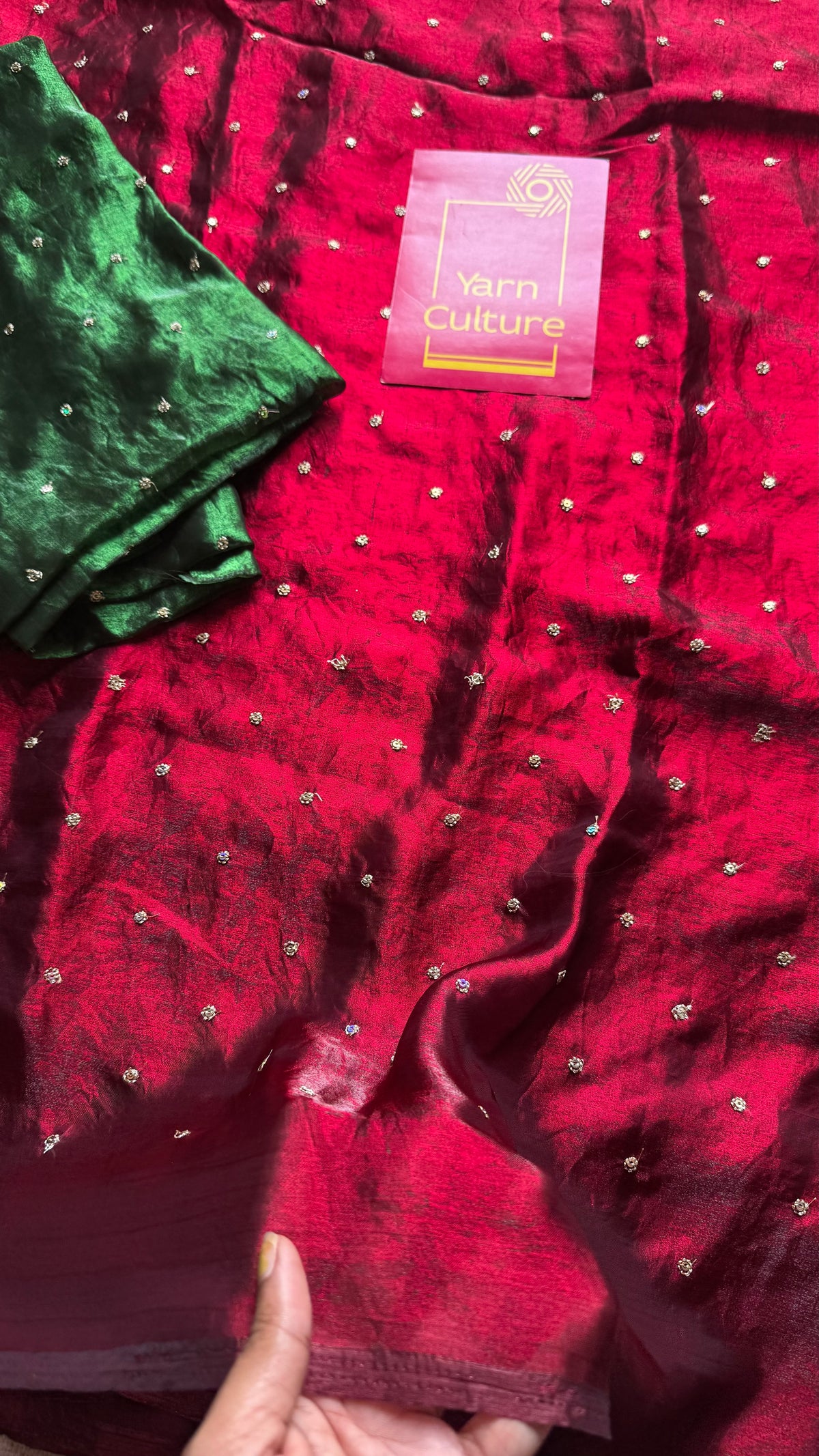 Metallic dual tone space silk saree, dark red with sequins - YCDOSOC48