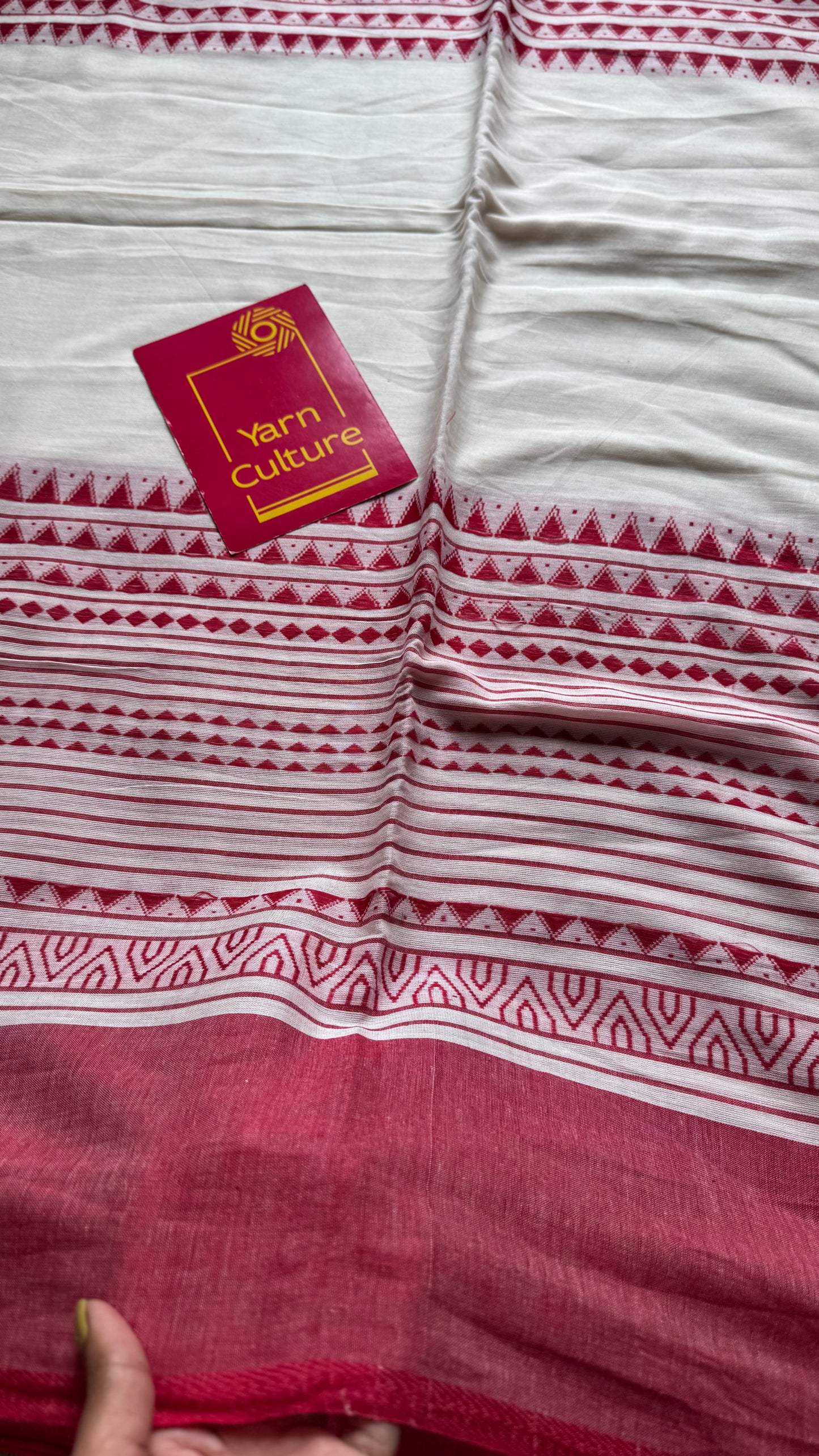 Pure Dhaniakhali tant in white with red patterened border - YCBCDP22