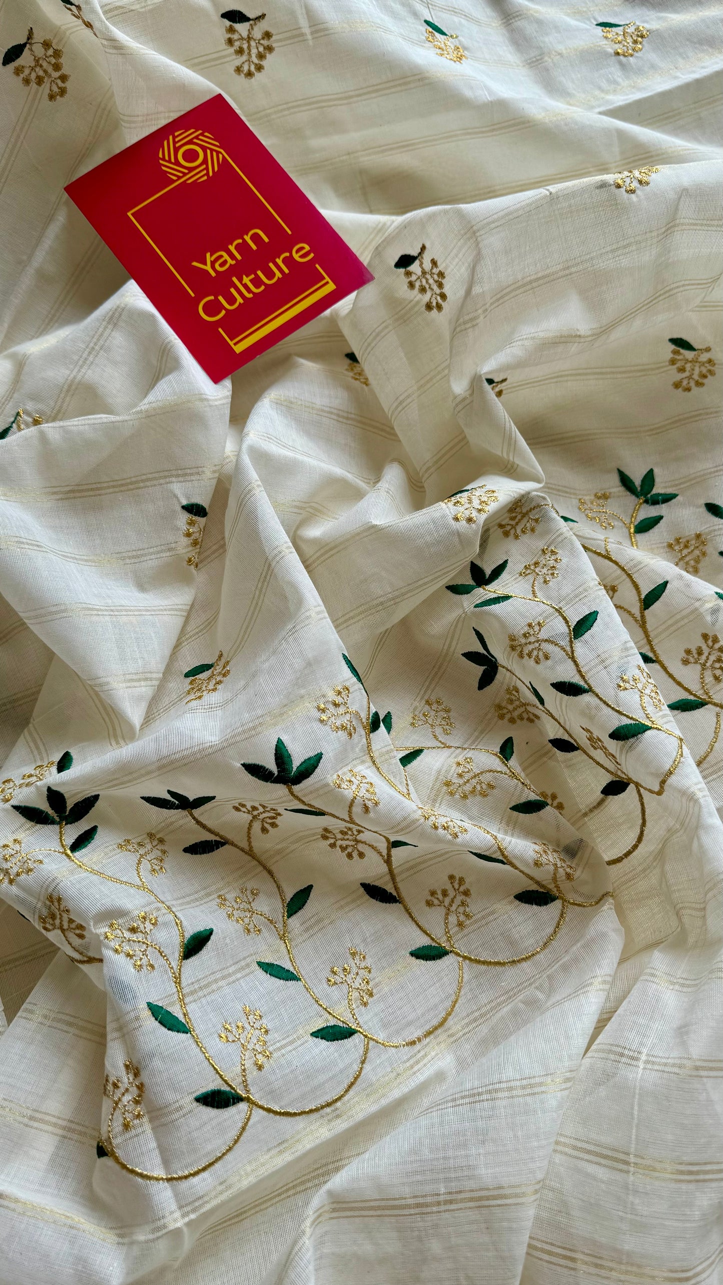 Ivory and gold soft cotton saree, dark green floral vine embroidery  - YCIEON57