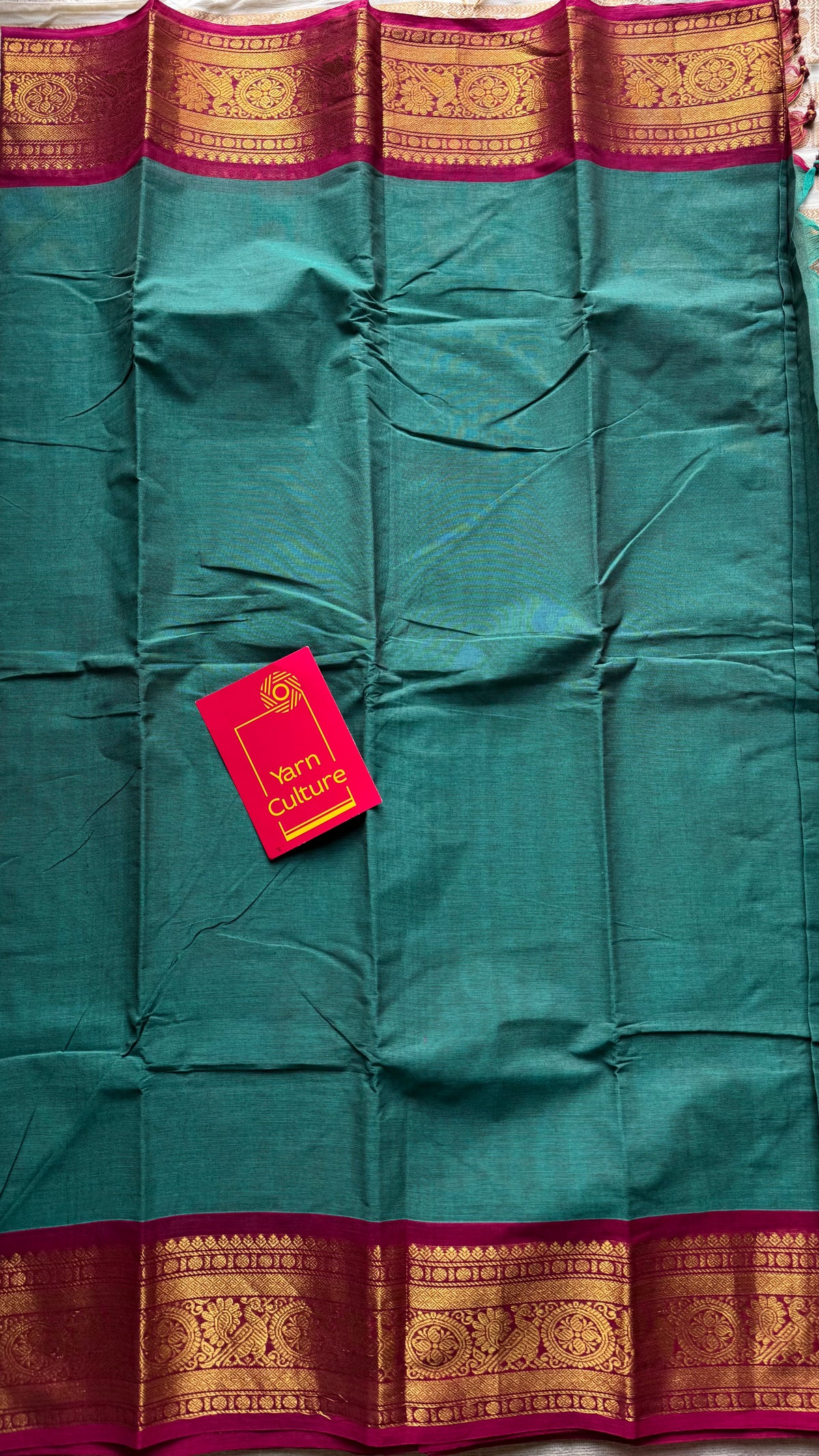 Jade green with ruby pink zari border chettinad cotton saree - YCCOTNCKSE14